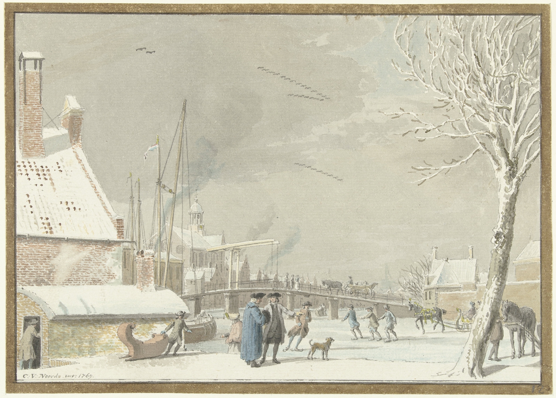 Winter genre scene with skaters on ice, oil painting by Cornelis van Noorde