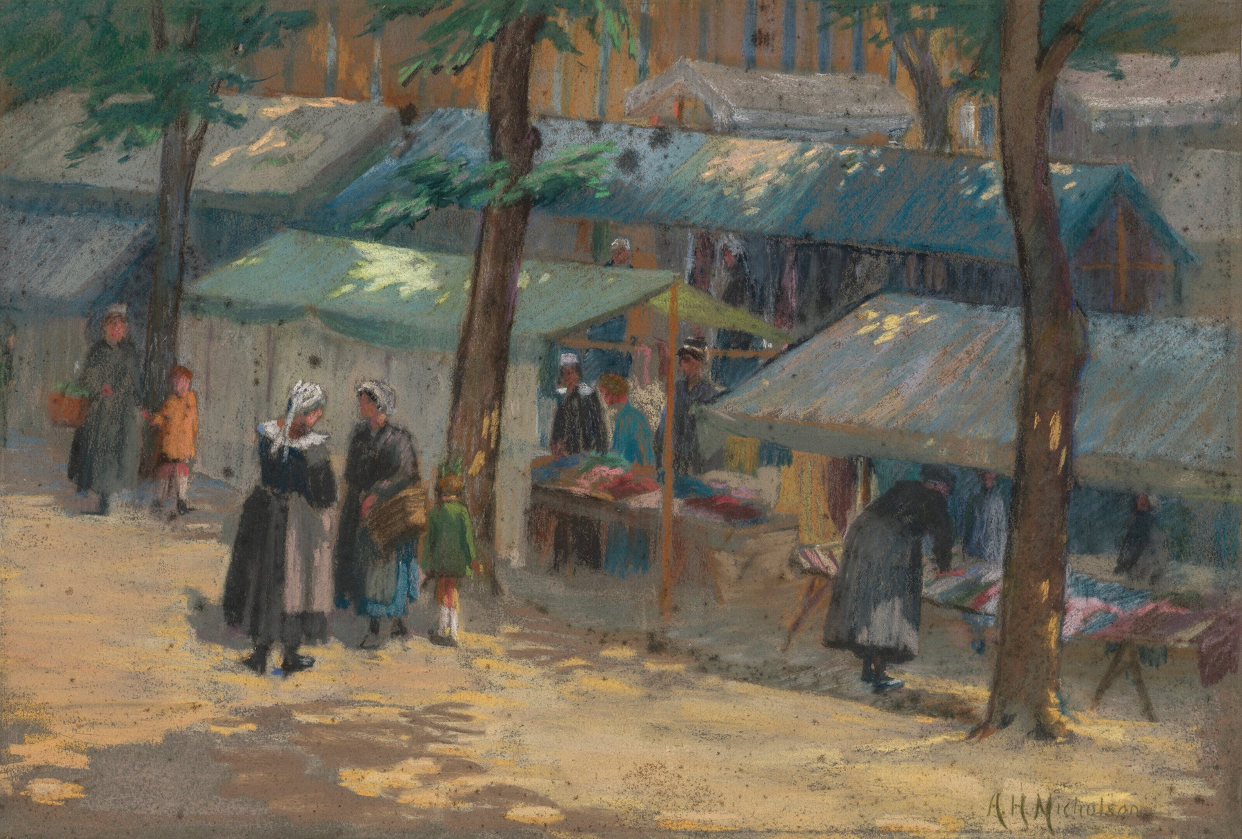 Market Day, Brittany by Alice Hogarth Nicholson, oil on canvas depicting a vibrant market scene.