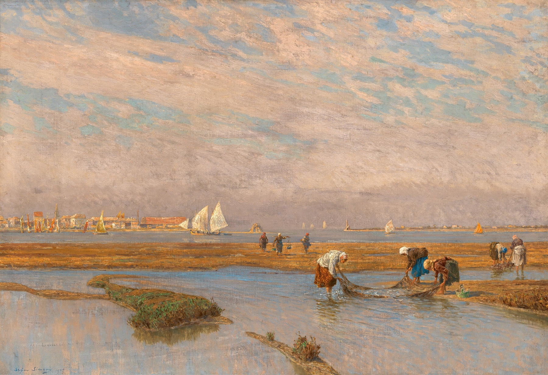 Shell Collectors in the Lagoon by Stefan Simony, oil on canvas depicting collectors by a shimmering lagoon.