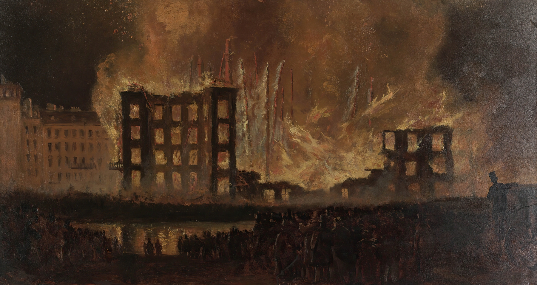 Oil on canvas by Leopold Munsch depicting a theater fire