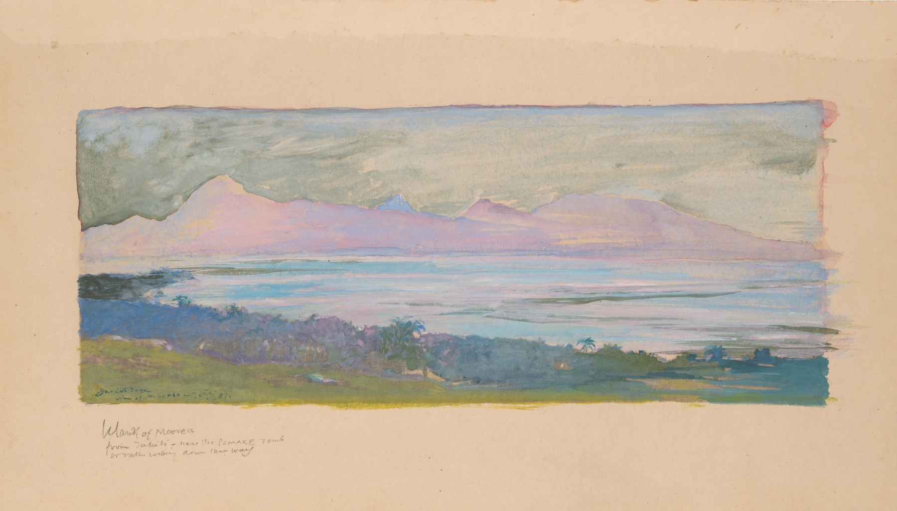 Oil painting by John La Farge depicting Moorea island with ocean and lush foliage.