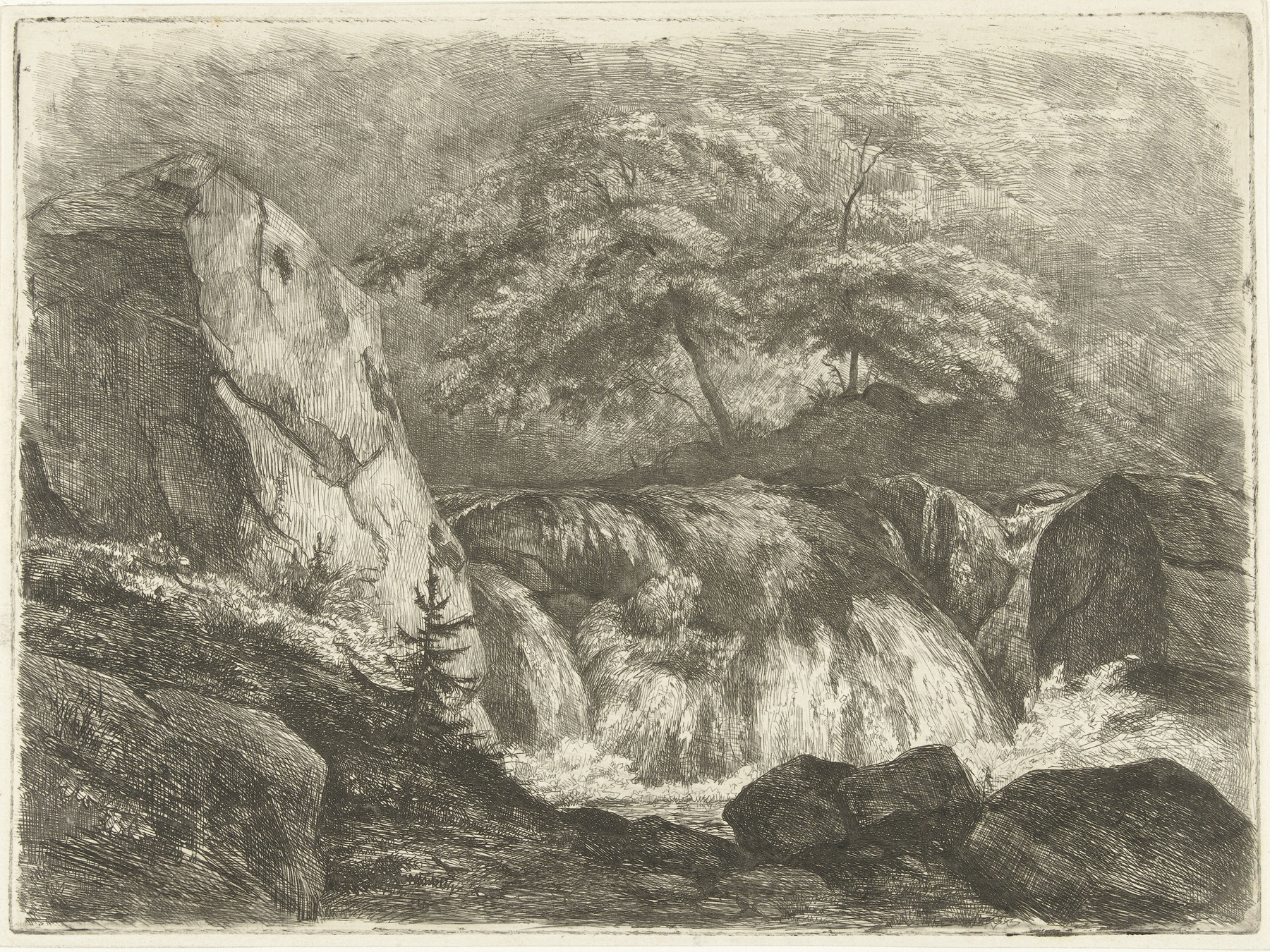 Landscape with waterfall by Pierre Louis Dubourcq, medium unknown