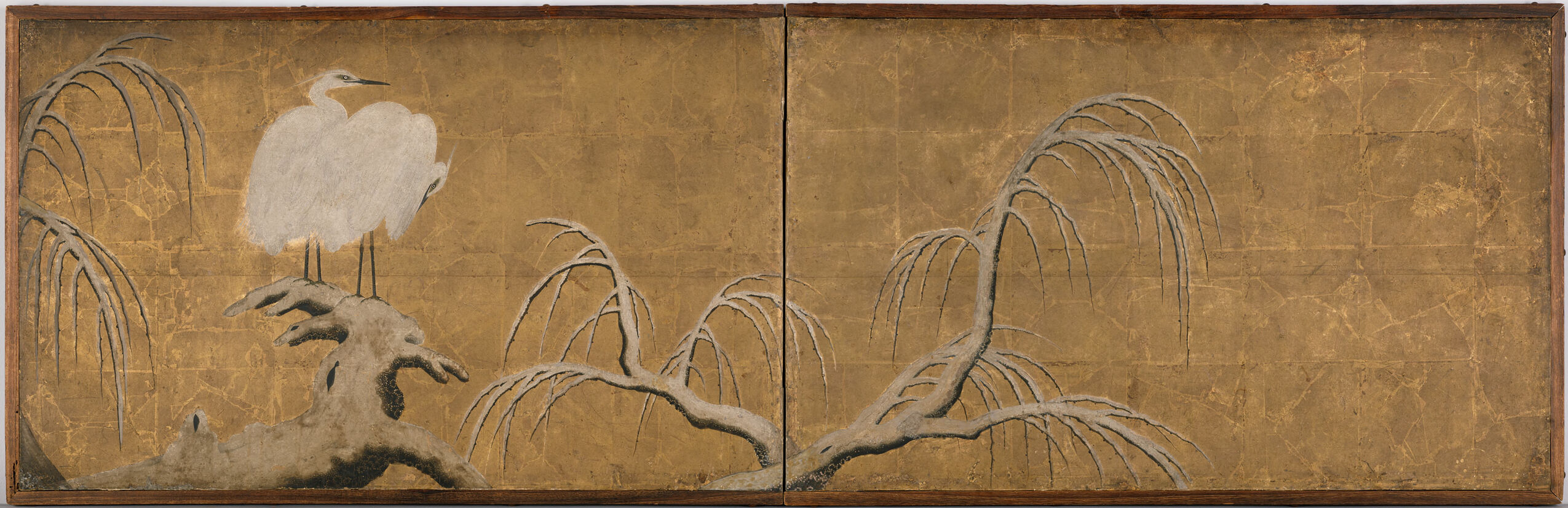 Two white herons in snow-covered willow, gold medium, Unknown Artist