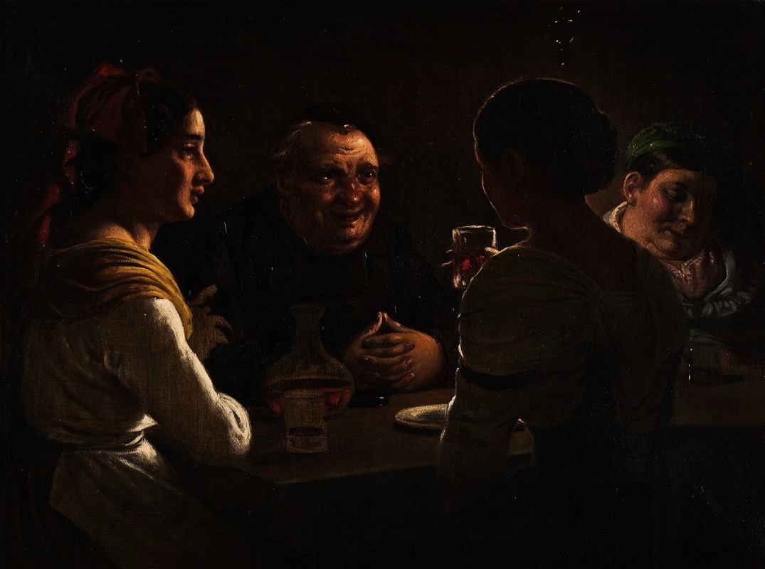 This painting depicts Abbate jesting with two young girls in a lively scene.