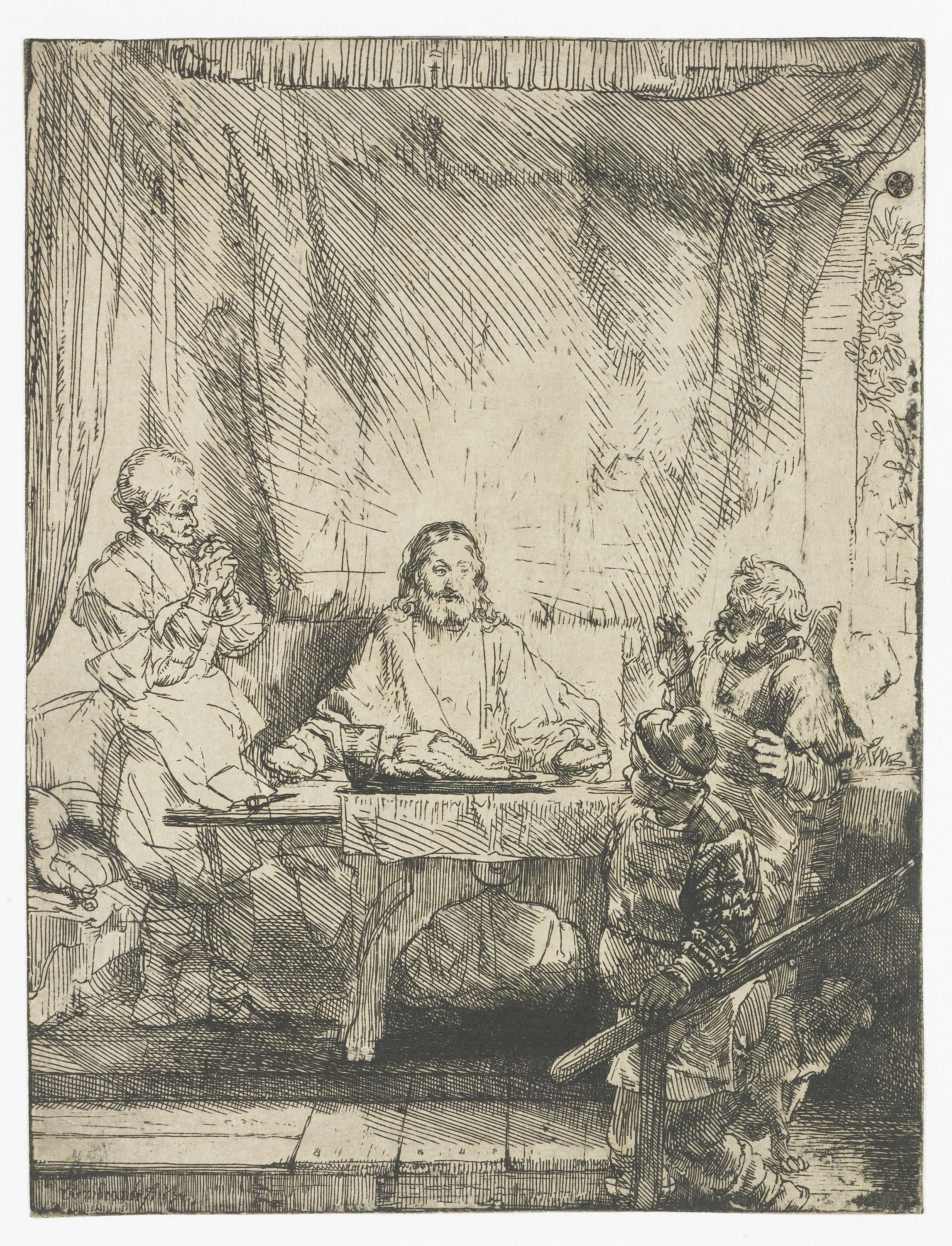 Etching by Rembrandt van Rijn depicting Christ at Emmaus with disciples sharing a meal.