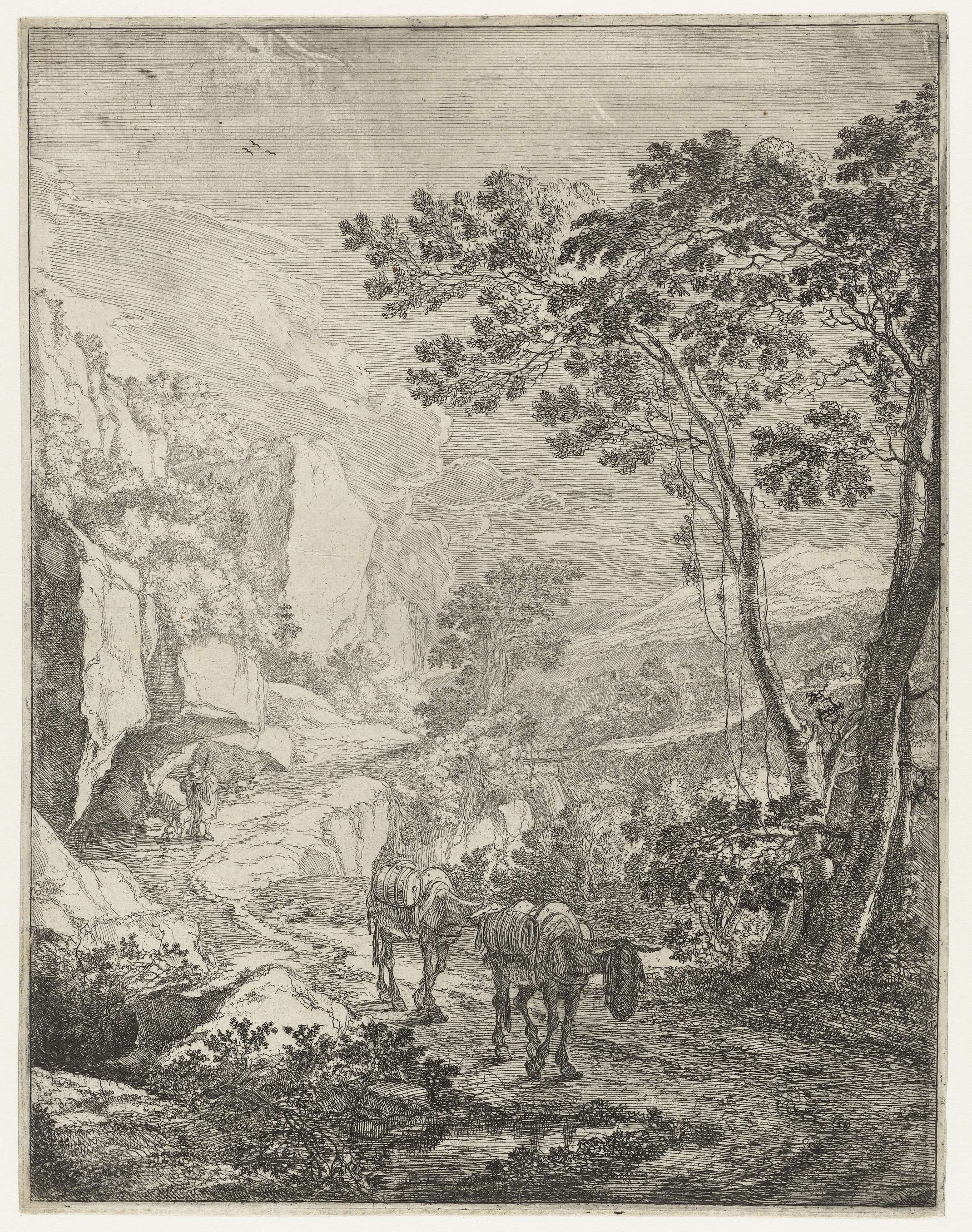 Landschap met twee muilezels voor de Rocca Aquatico bij Ancona, by Jan Both, public domain