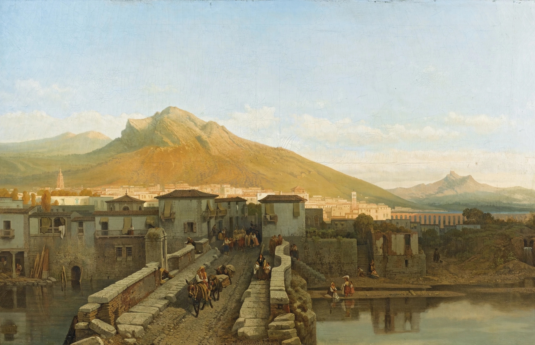 Vue d’une ville, probablement du Nord de l’Espagne by François Antoine Bossuet, oil on canvas depicting a serene cityscape.