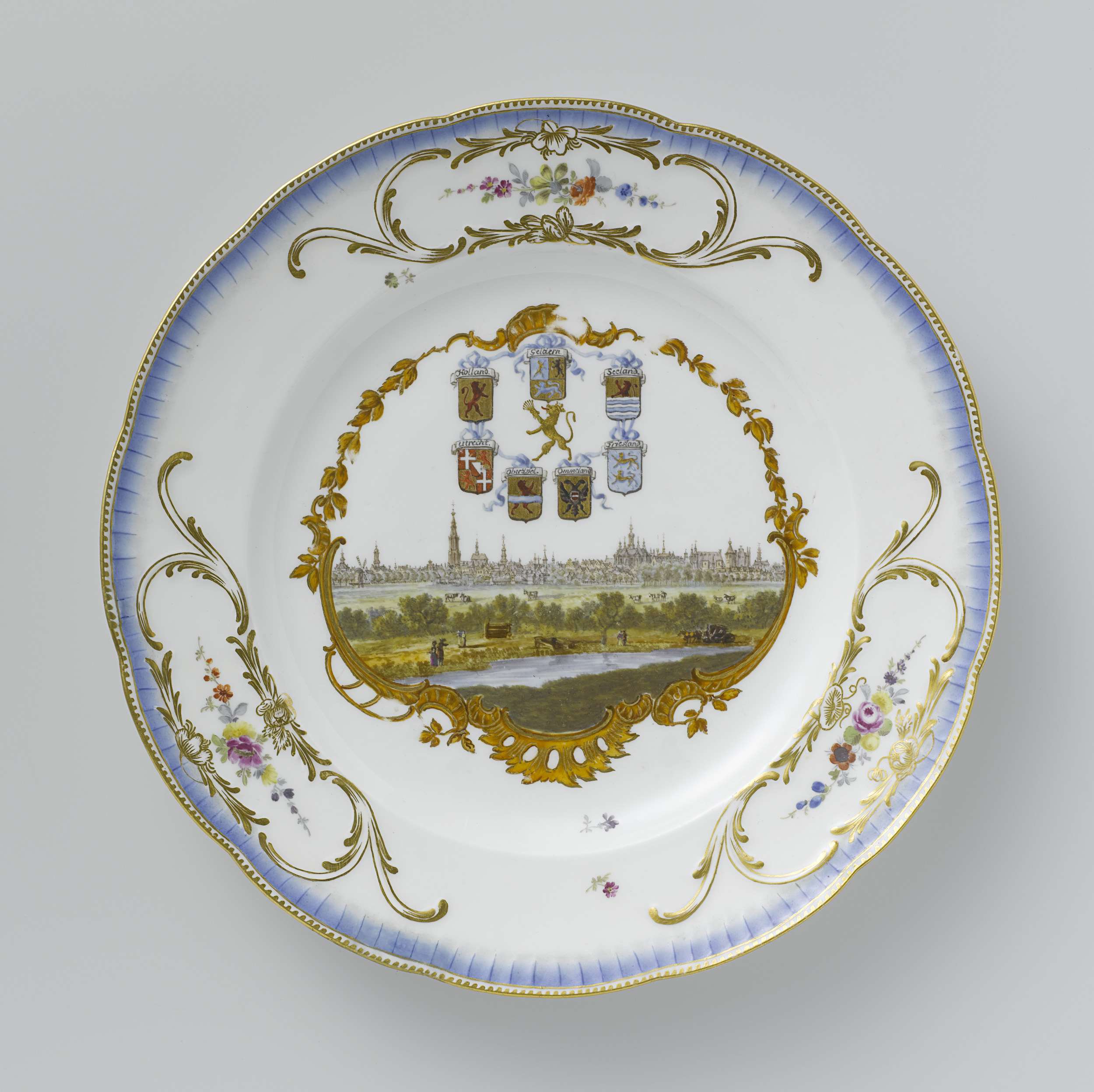 Seven ceramic plates depicting Dutch cities and landscapes by Meissener Porzellan Manufaktur