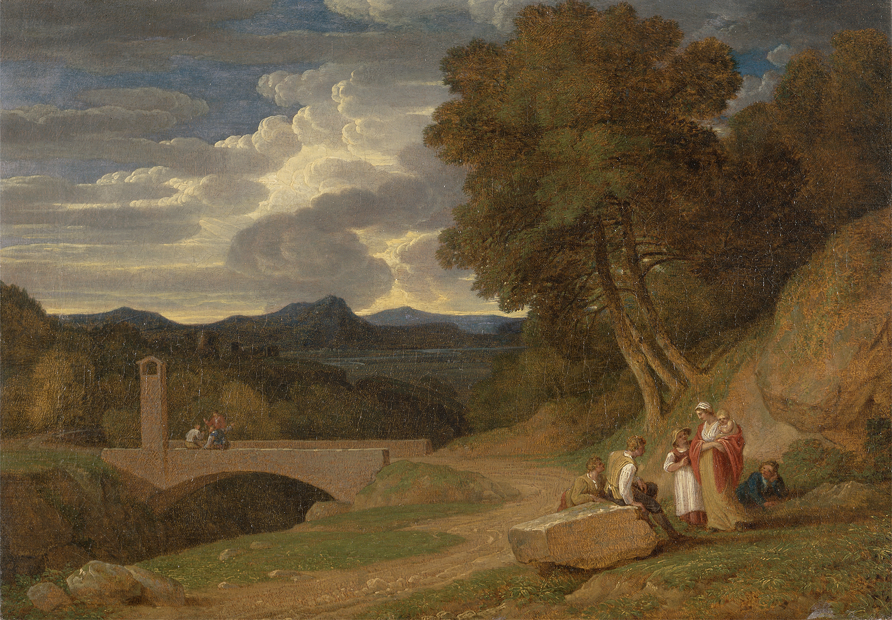 An Italianate Landscape by John White Abbott, oil on canvas depicting gentle hills and a dusky sky.