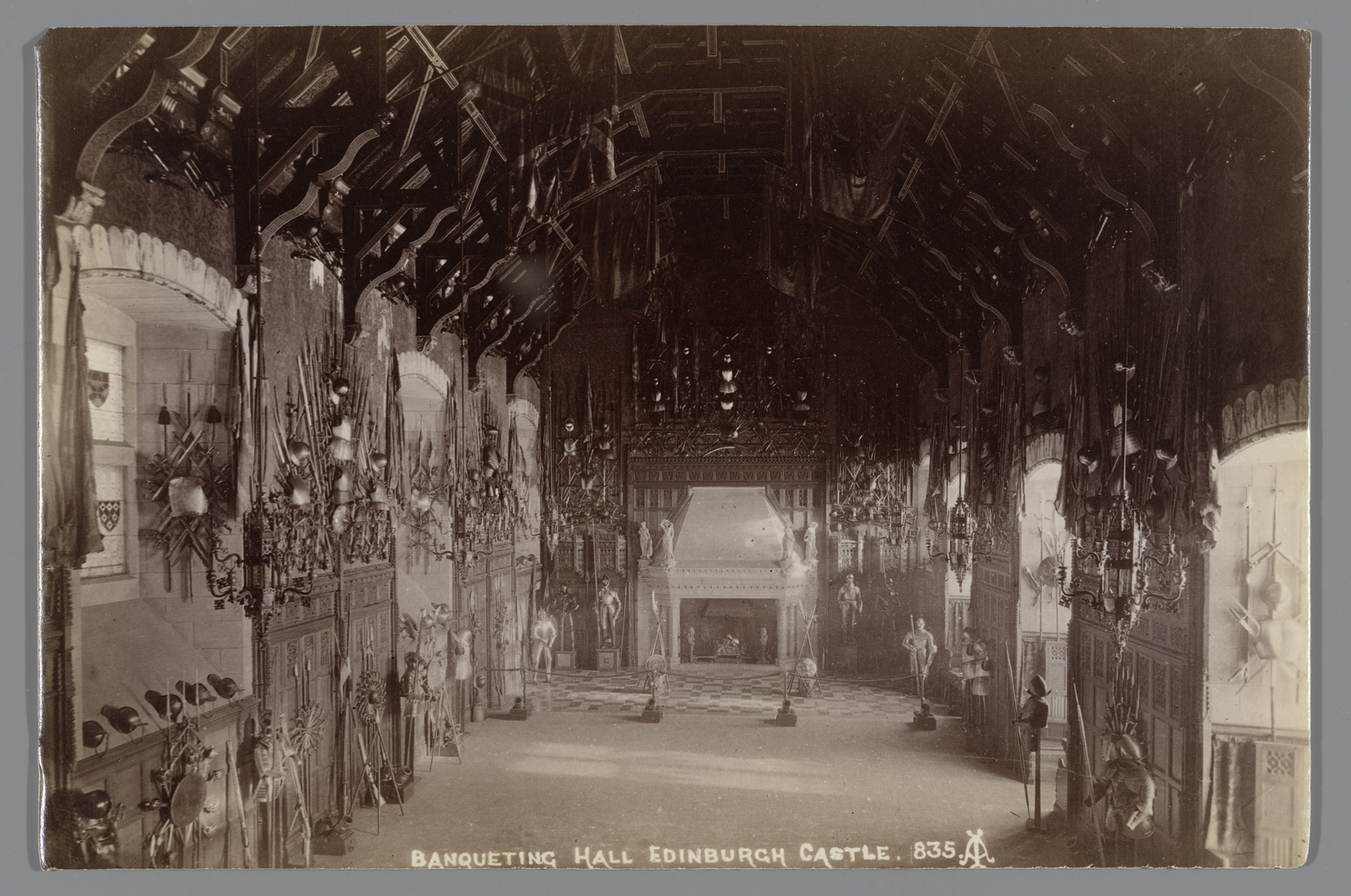 Interior view of a grand hall with woodwork and sunlight, albumen print by Alexander Adam Inglis