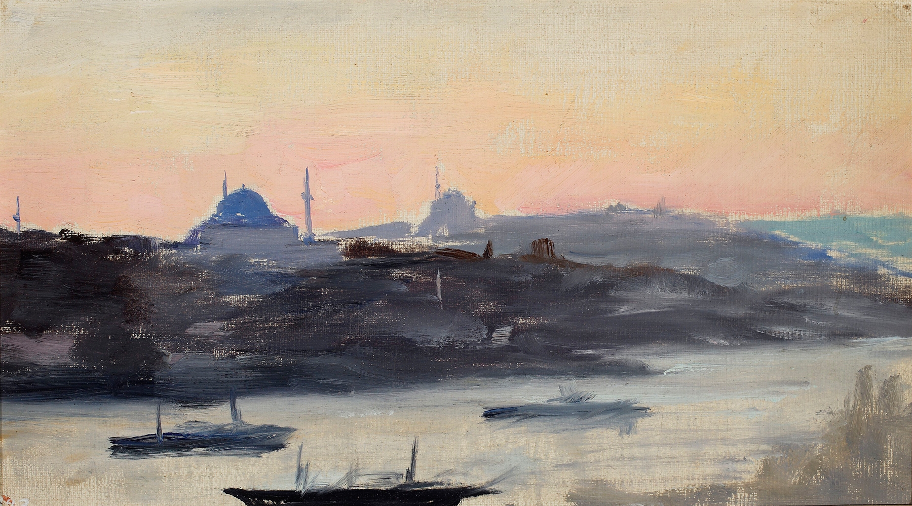 Romanticism landscape by Jan Ciągliński depicting a city at twilight