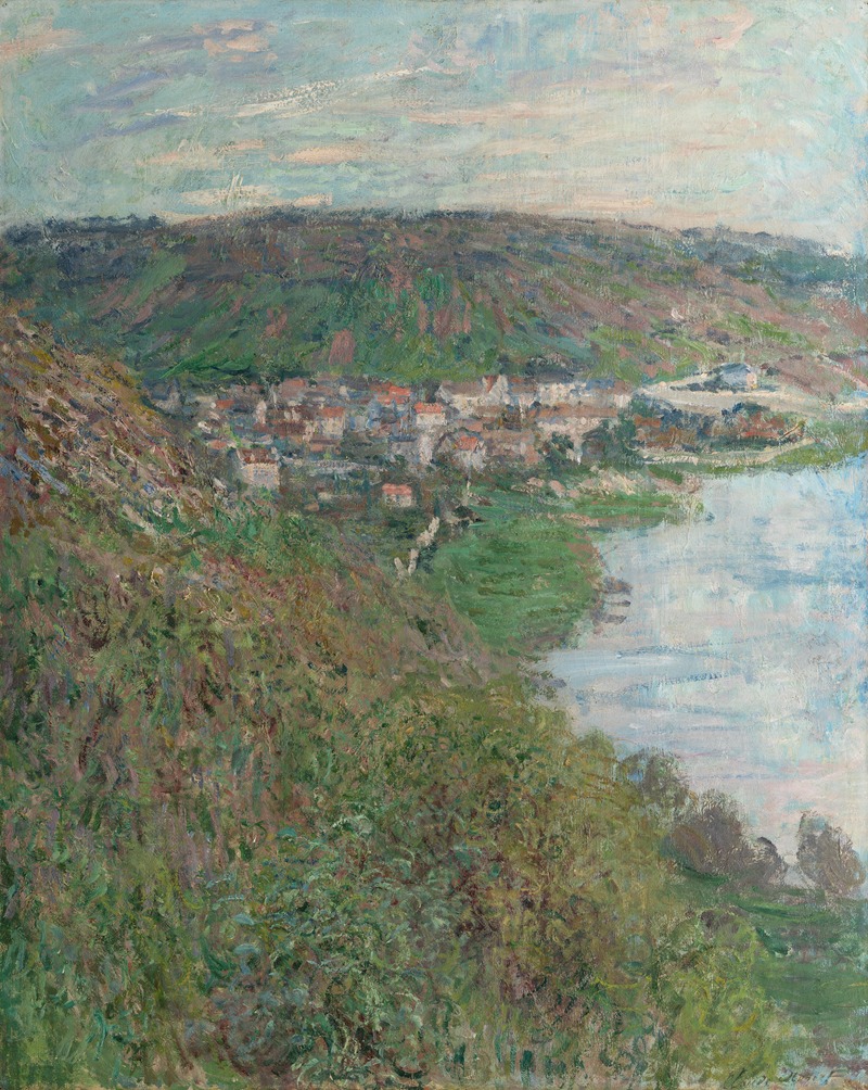 A serene landscape painting by Claude Monet depicting the village of Vétheuil.