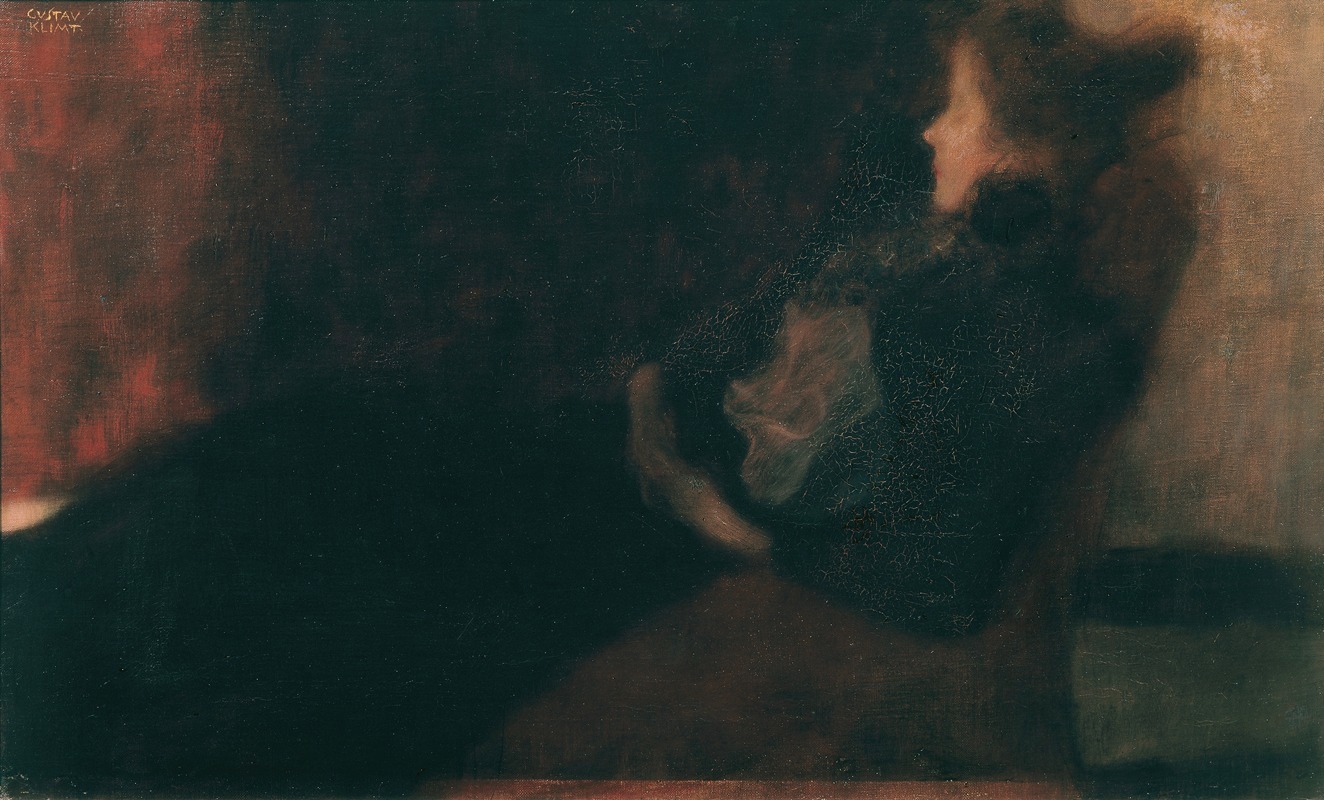 Dame am Kamin features a woman in a richly decorated interior with a warm fireplace.