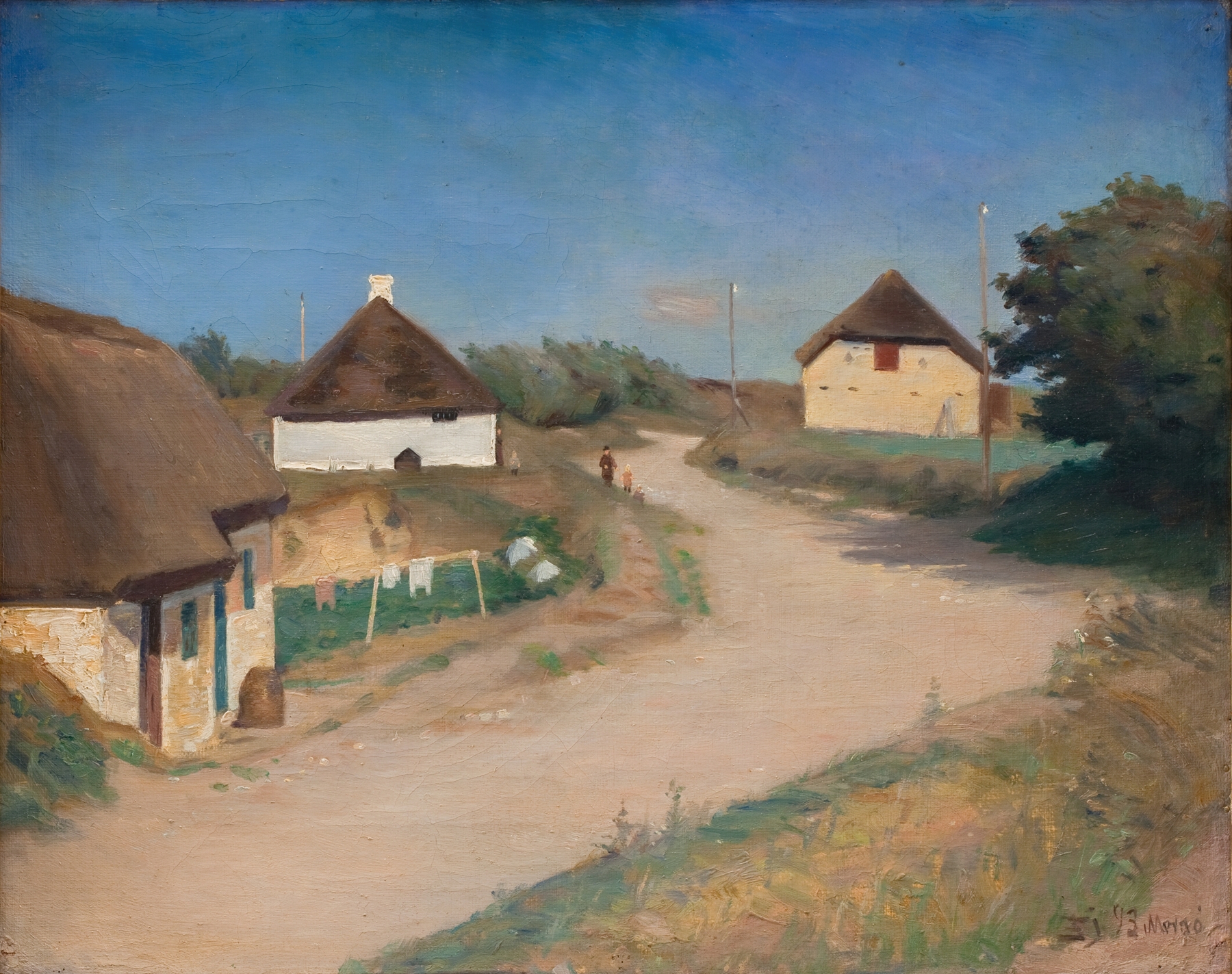 Houses Alongside a Road in Morsø, Jutland by Fridolin Johansen, oil on canvas, depicting colorful houses and a road.