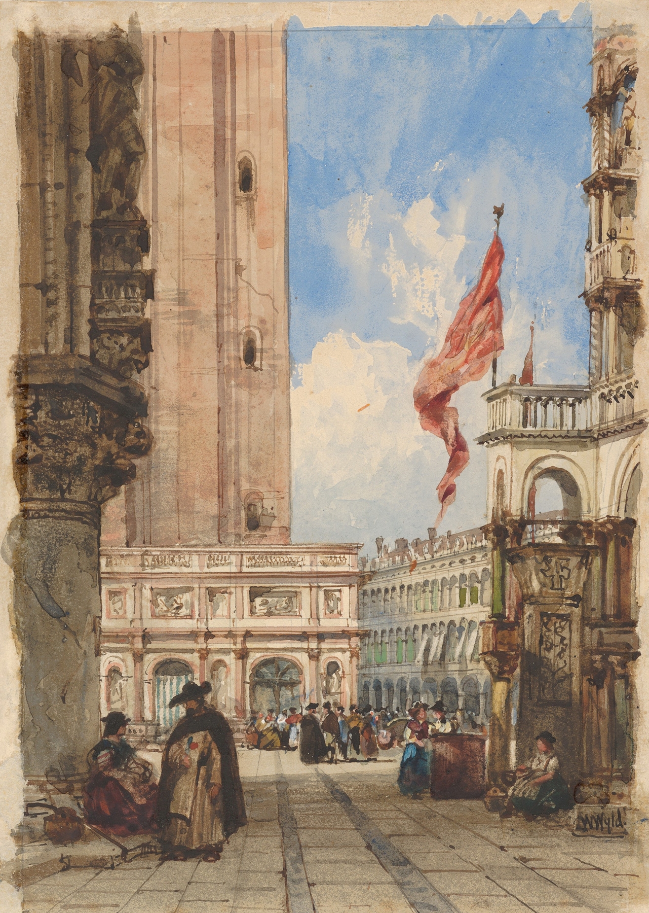 St. Mark’s Square, Venice, with Loggetta by William Wyld, oil painting depicting sunset and reflections.