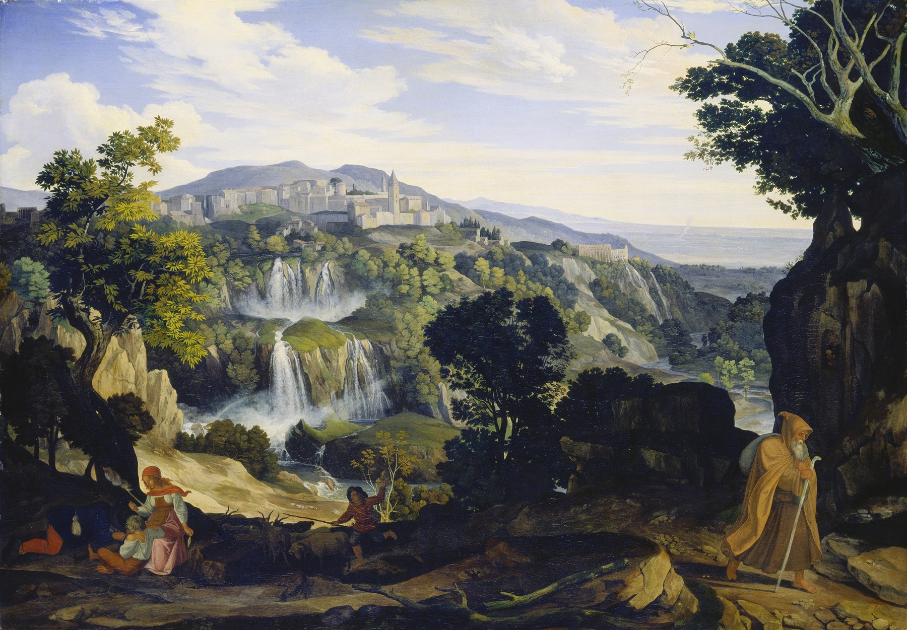 The Waterfalls of Tivoli by Carl Philipp Fohr, oil painting depicting cascading waterfalls and lush greenery.
