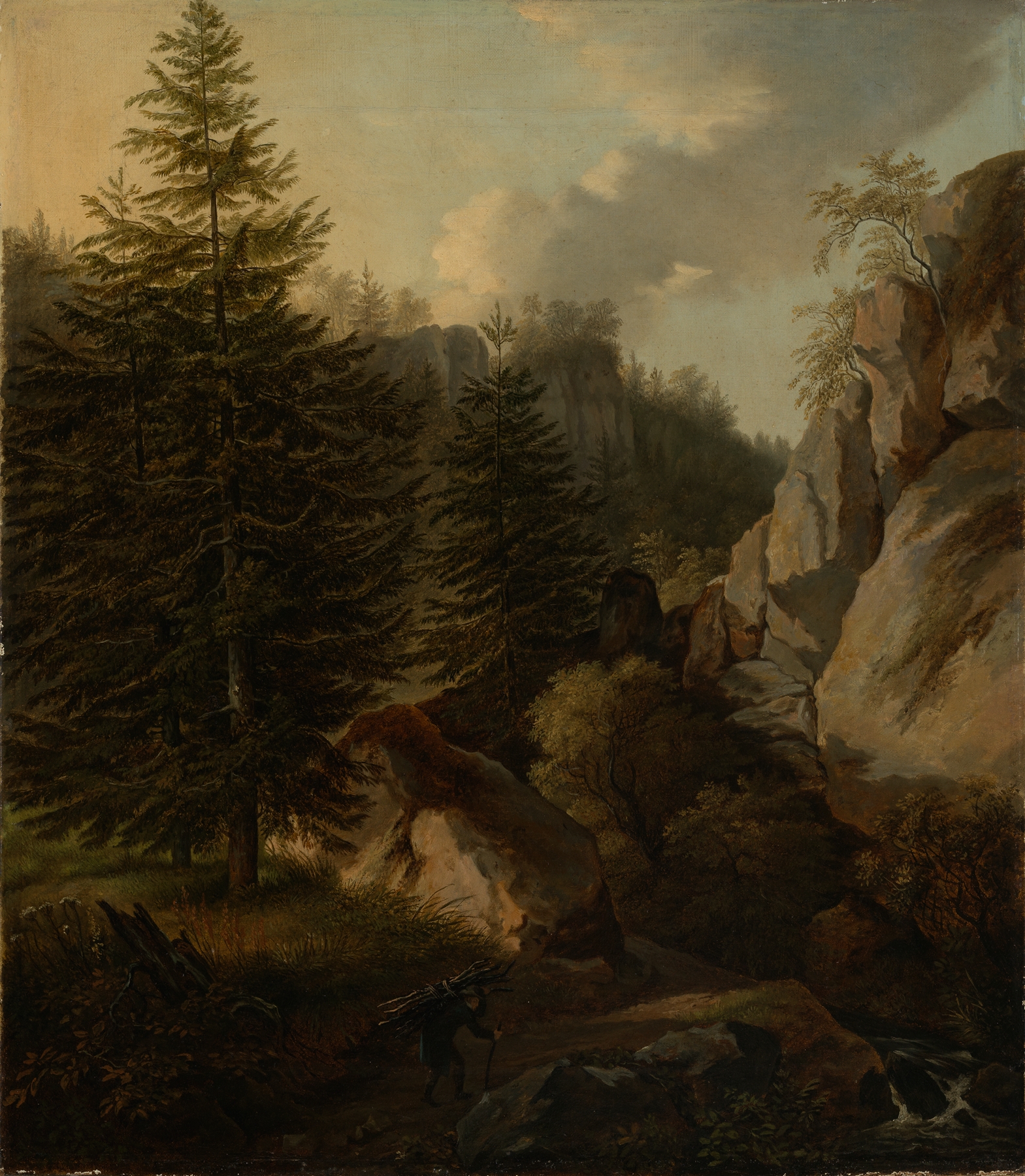 Landscape oil painting by Karl Gottfried Traugott Faber featuring mountains and a foggy valley.