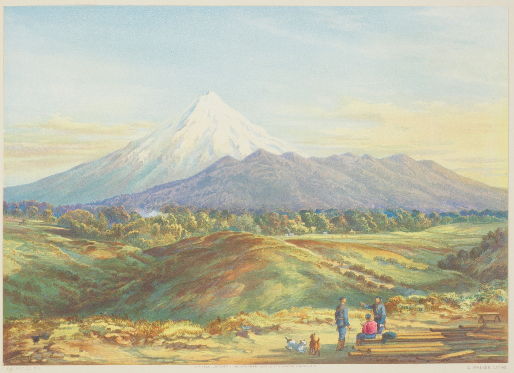 Landscape of Mt Egmont by Charles Decimus Barraud, depicting snow-capped peaks and clouds, 1877