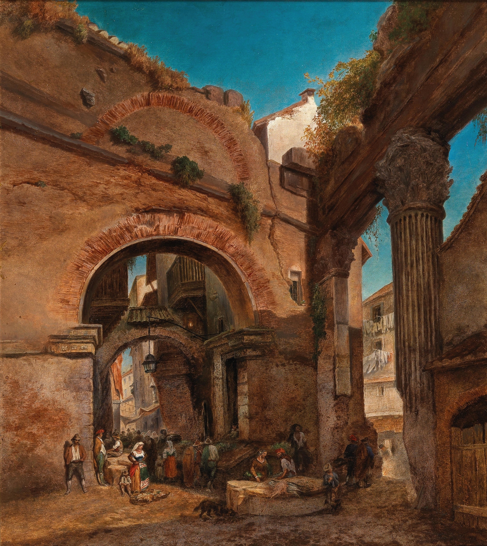 Architecture scene depicting the Portico di Ottavia by Friedrich Loos, oil painting