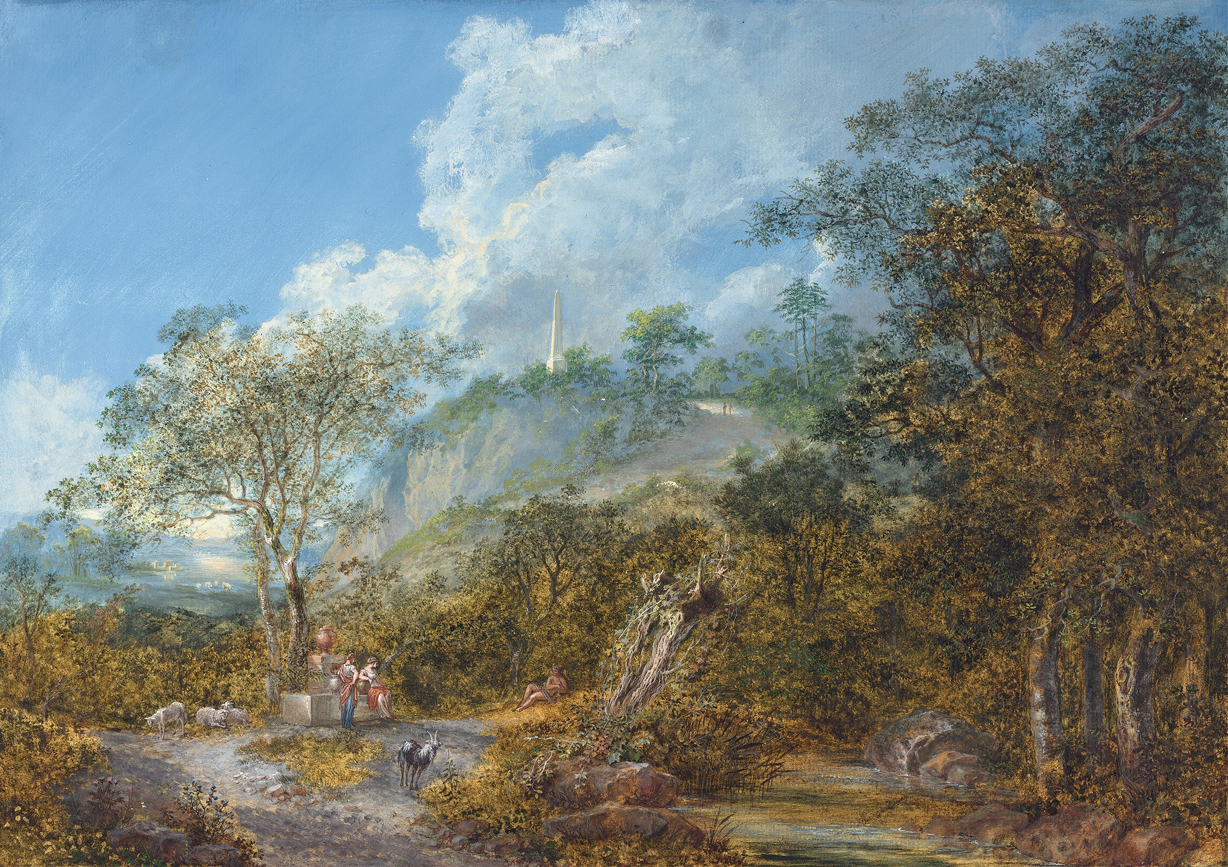 Arcadian Landscape with an Obelisk by Salomon Gessner, oil painting depicting hills and trees.