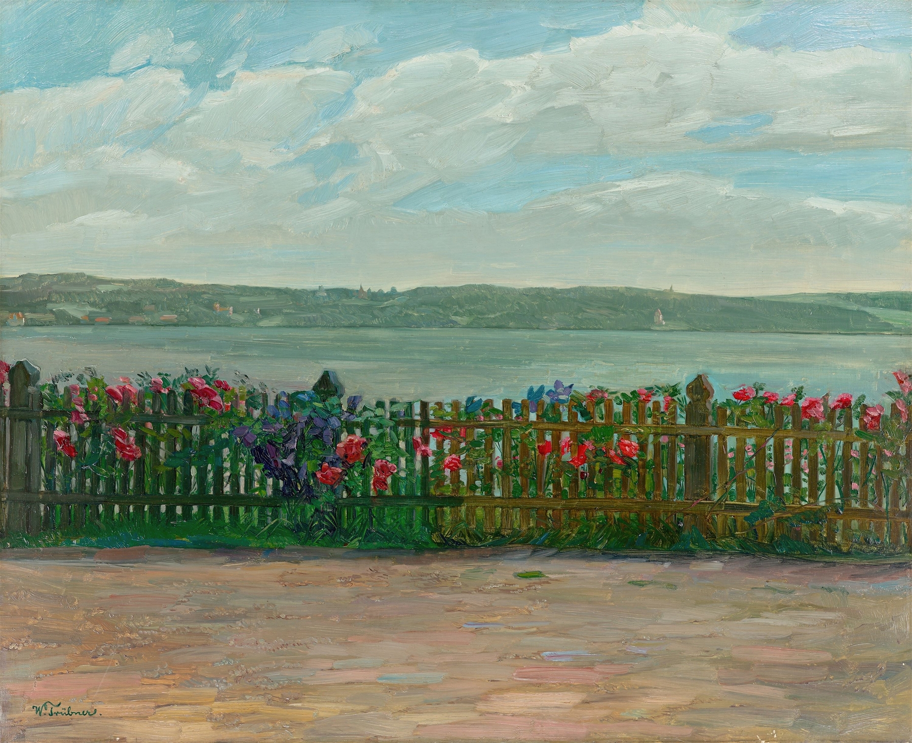 Rose fence with view of the Berg Castle at Lake Starnberg, by Wilhelm Trübner, public domain