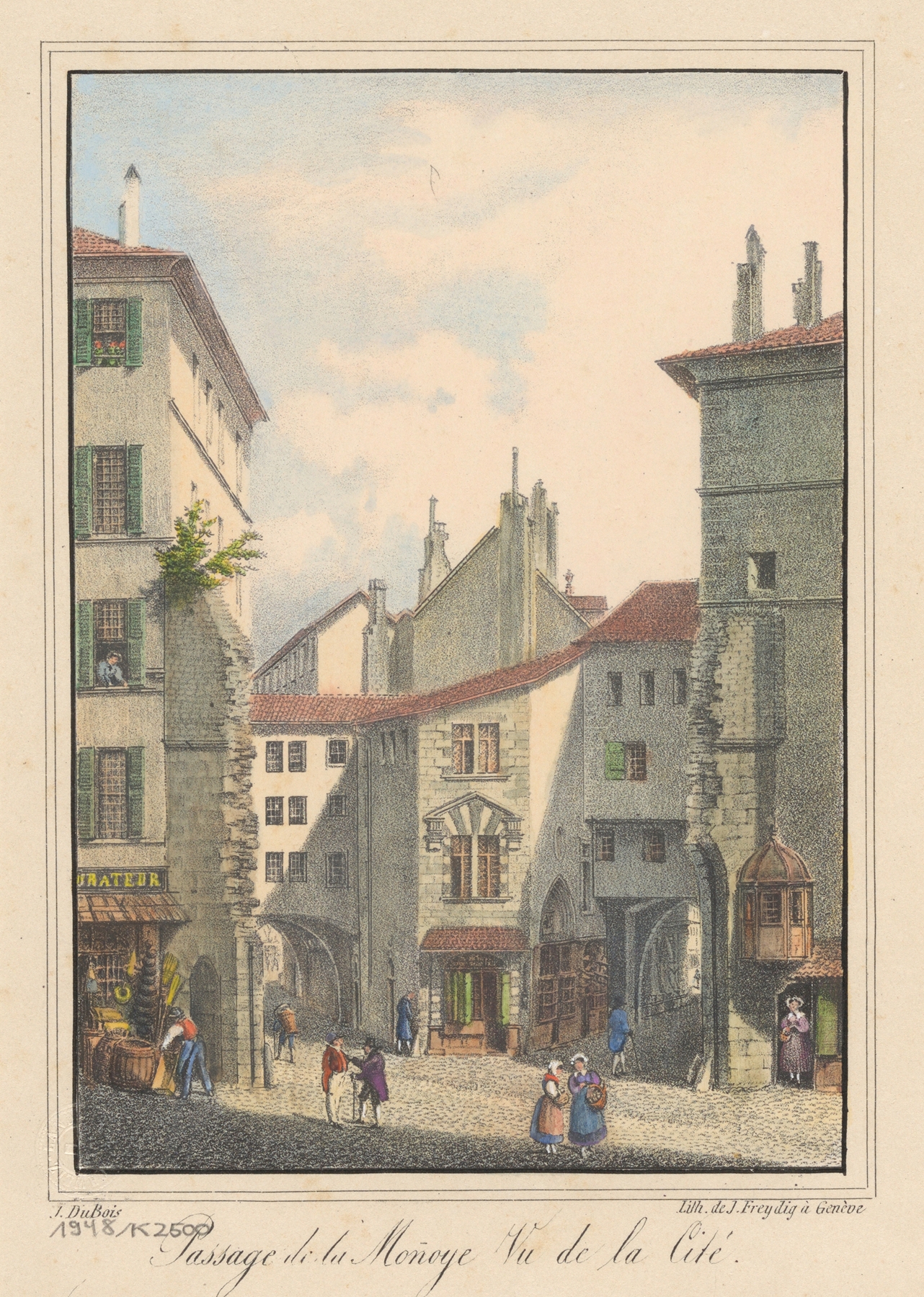 Passage de la Monnoye Vu de la Cité by Jean Dubois, oil painting depicting a vibrant cityscape.