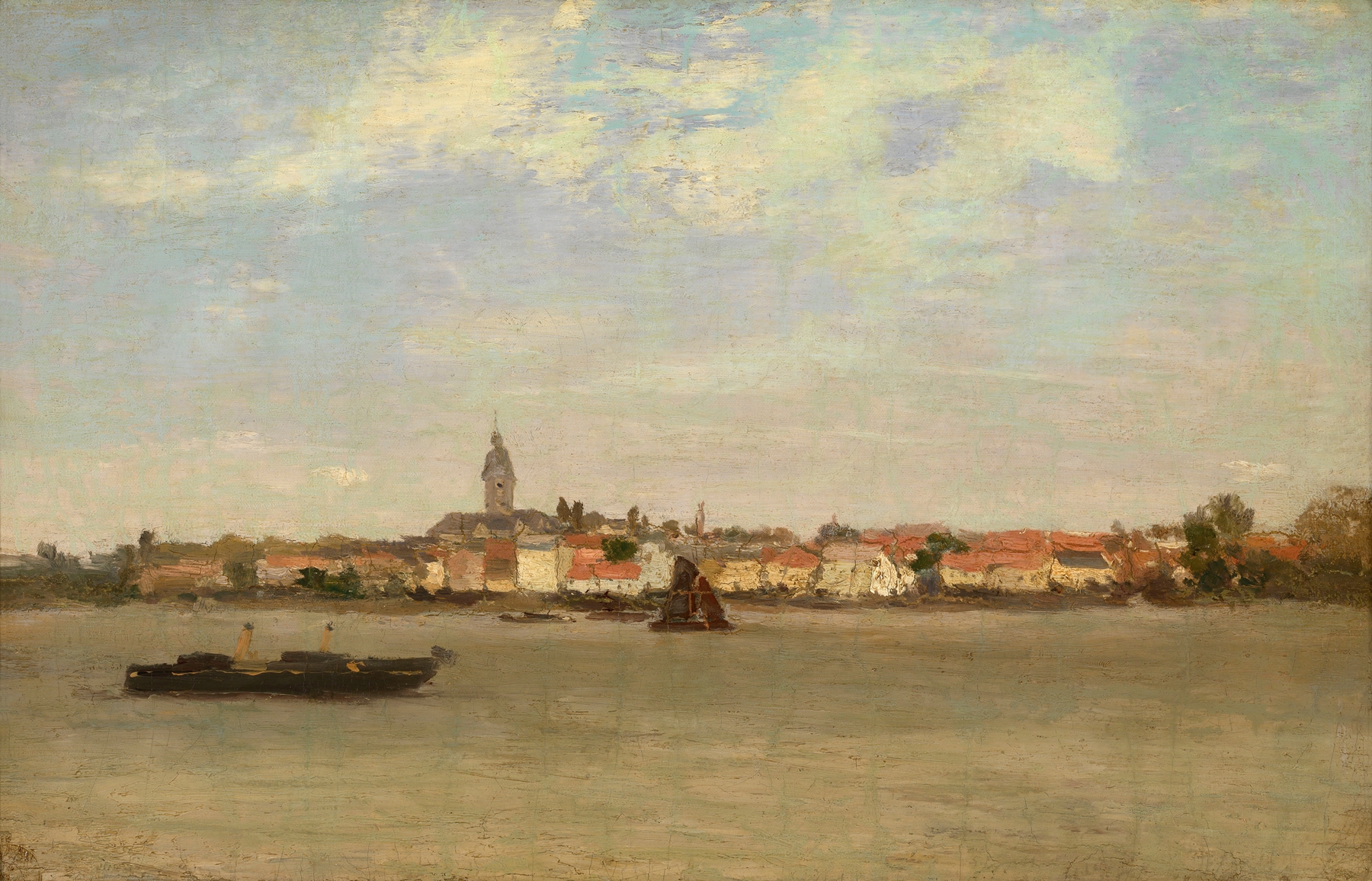 A View of Temse by Guillaume Vogels, oil painting depicting a river under golden light.