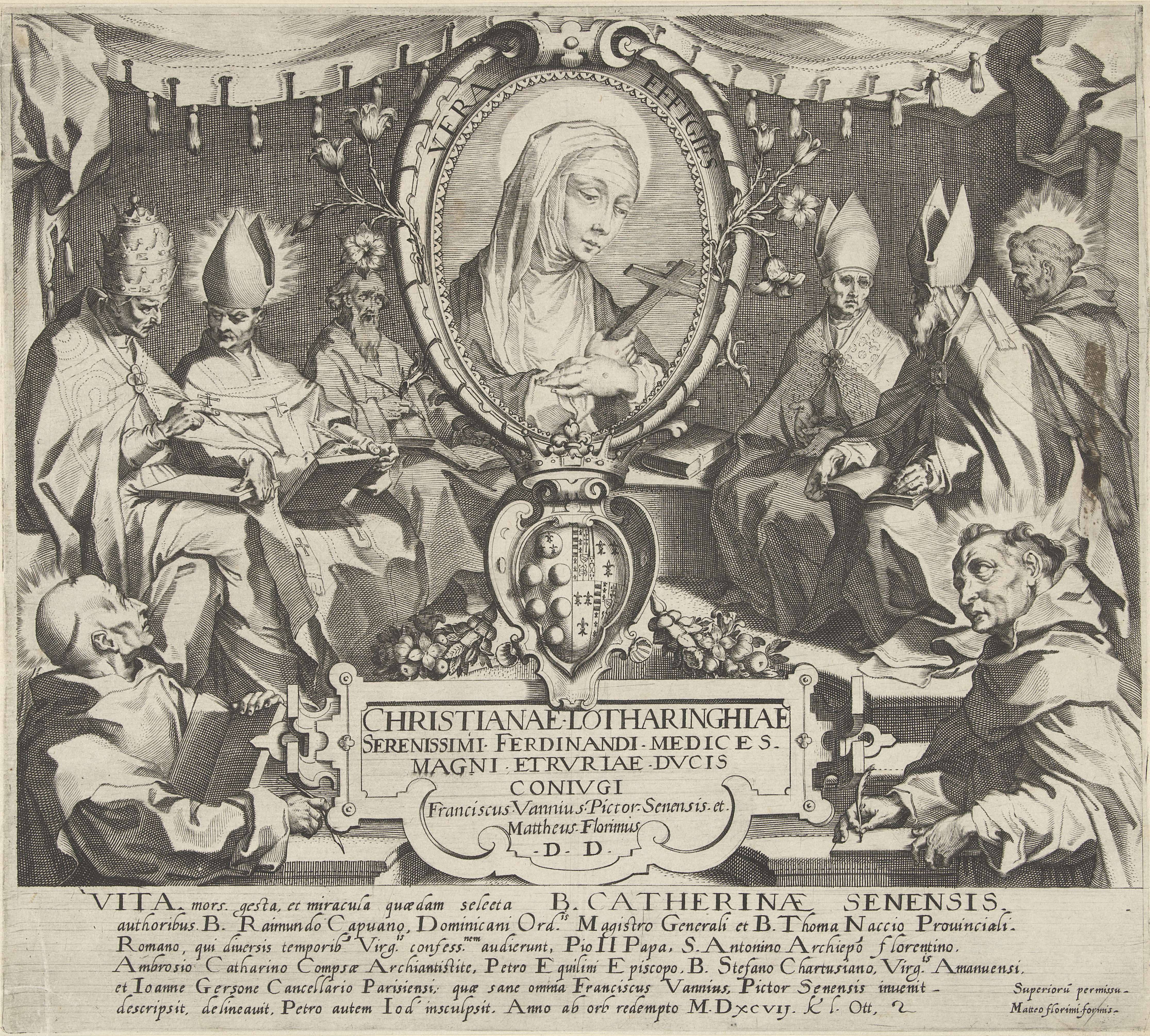 Etching by Pieter de Jode depicting Saint Catherine with intricate details and light.