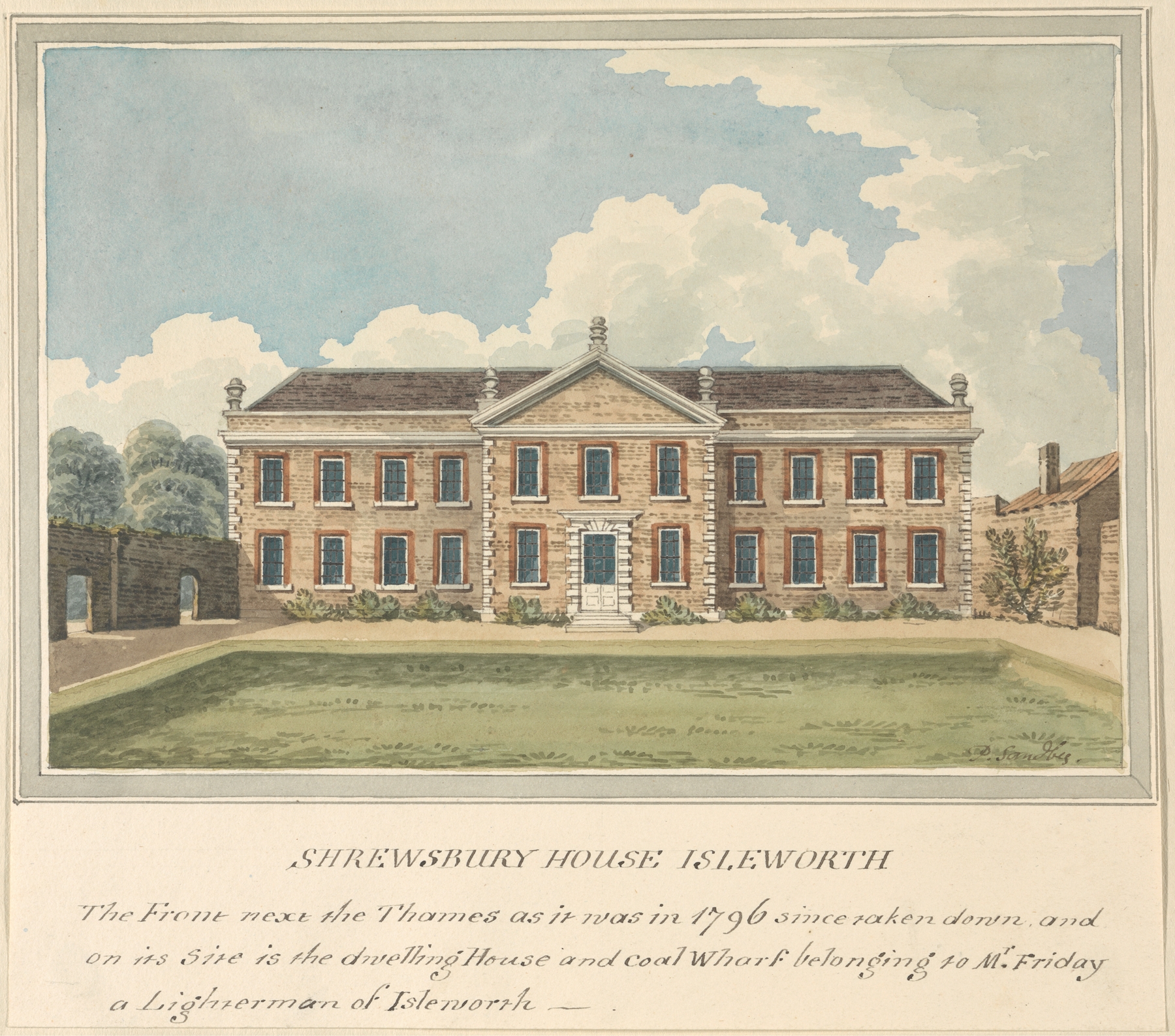 Shrewsbury House, Isleworth by Charles Tomkins, oil on canvas depicting a tranquil landscape with sunlight.
