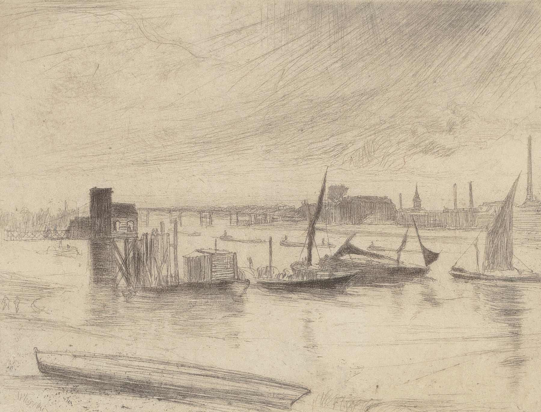Early Morning, Battersea by James Abbott McNeill Whistler, oil painting depicting a tranquil dawn landscape.
