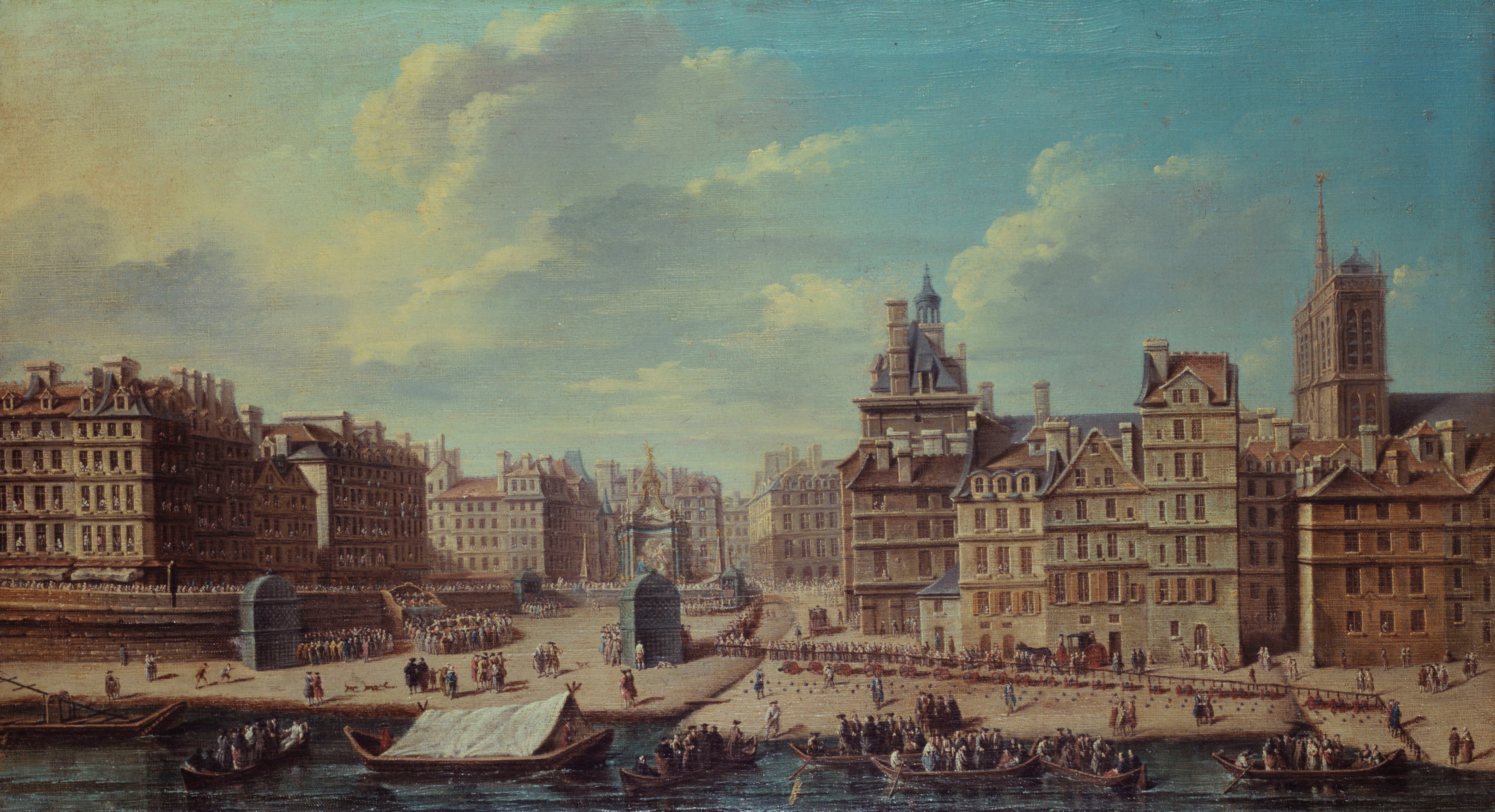 Historical oil painting by Nicolas Jean-Baptiste Raguenet depicting a festive crowd in a square.