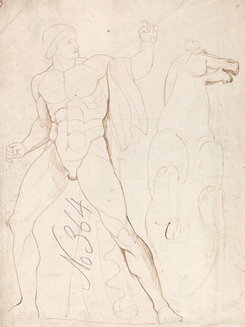 A classical male nude figure with a rearing horse, showcasing dynamic movement and anatomical detail.
