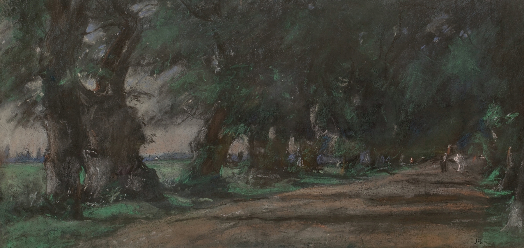 Landscape featuring a path through a forest with dappled light, by Joseph Frank Currier.