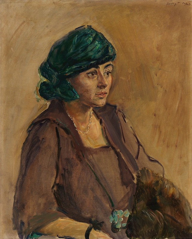 This painting depicts a woman in a thoughtful pose, showcasing the artist's impressionistic style.