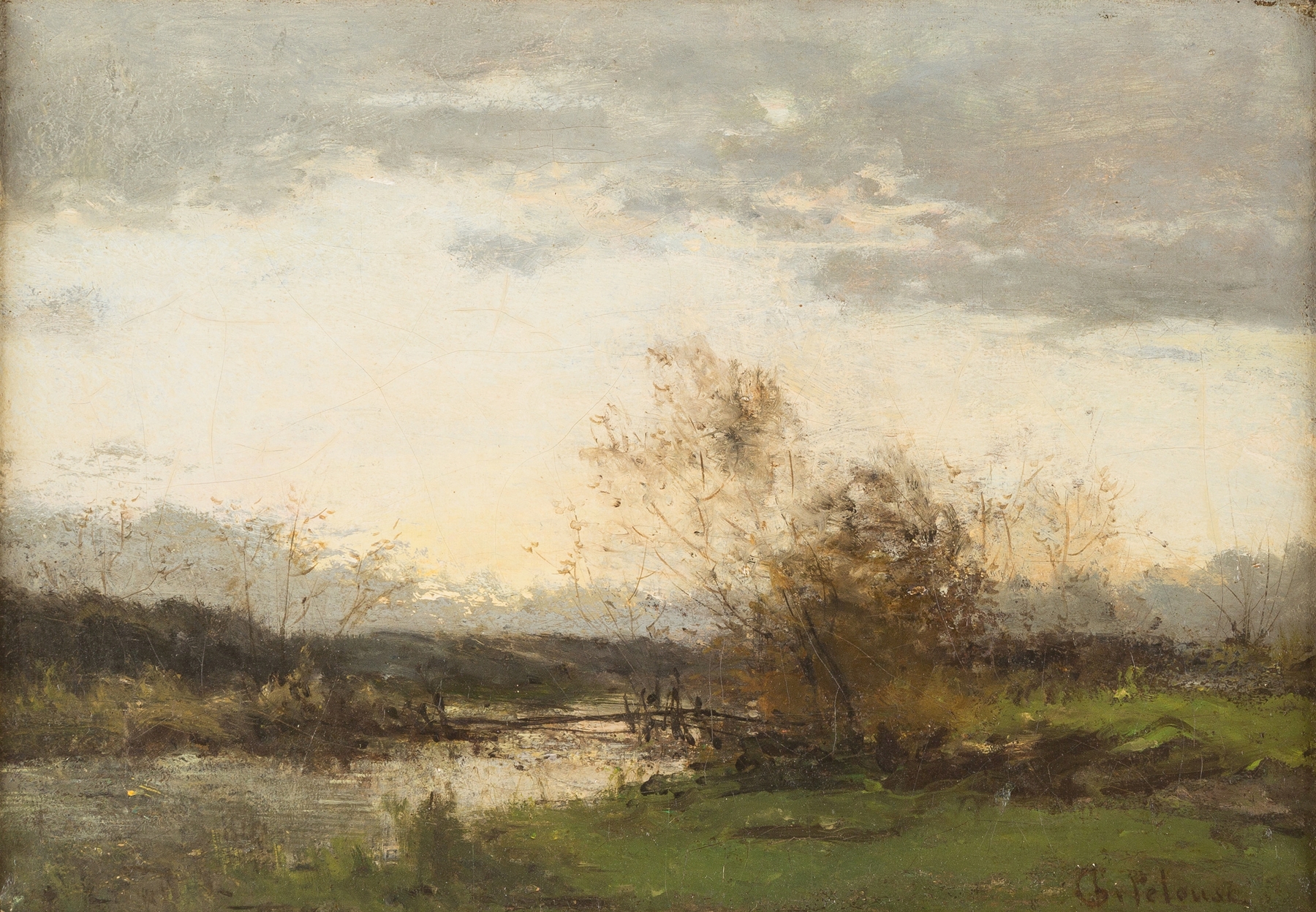 Dawn over river by Léon-Germain Pelouse, oil on canvas depicting a tranquil river at sunrise.