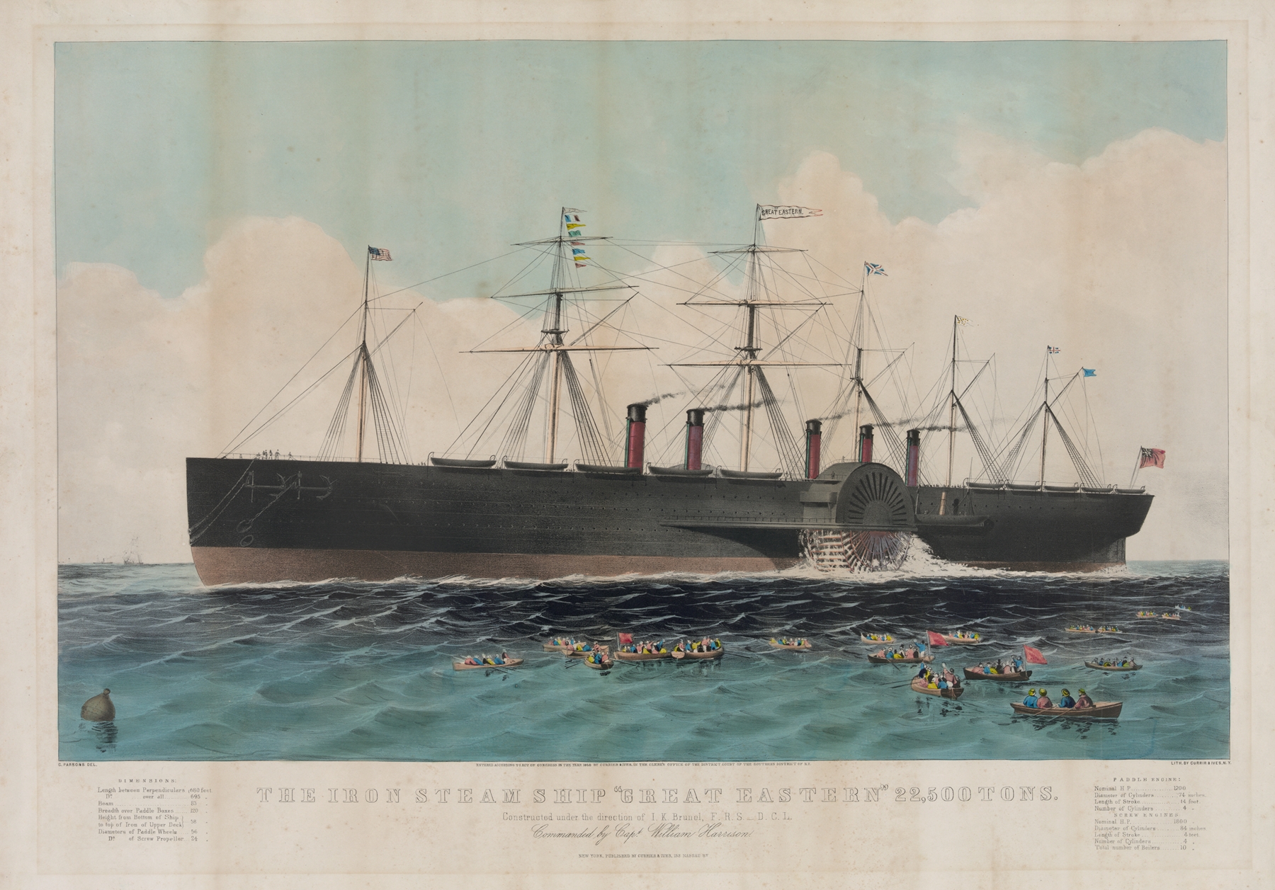 The iron steam ship ‘Great Eastern’ 22,500 tons; constructed under the direction of I.K. Brunel, F.R.S. — D.C.L. commanded by Capt. William Harrison, by Currier & Ives., public domain