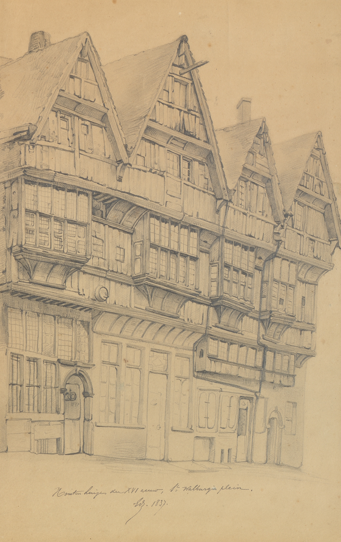 Houten huizen der XVI eeuw, oil on canvas by Edward Dujardin depicting wooden houses and gabled roofs.