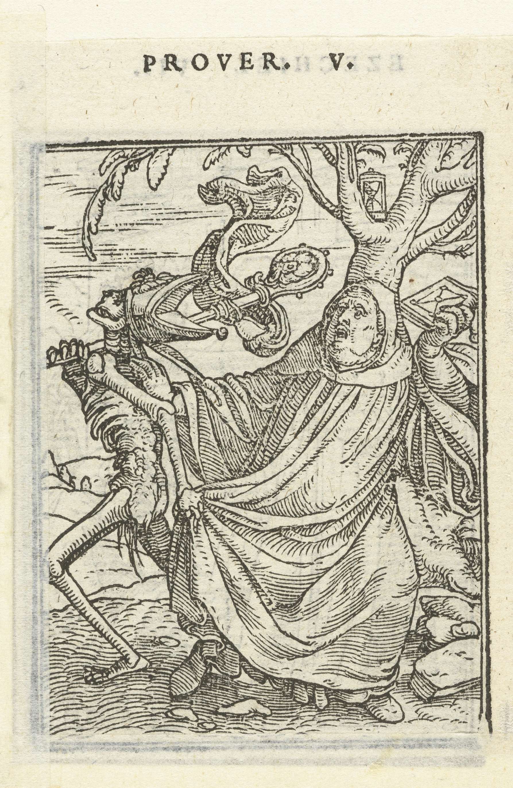 Religious artwork by Hans Holbein (II), paper medium, featuring a bishop and death symbolism.