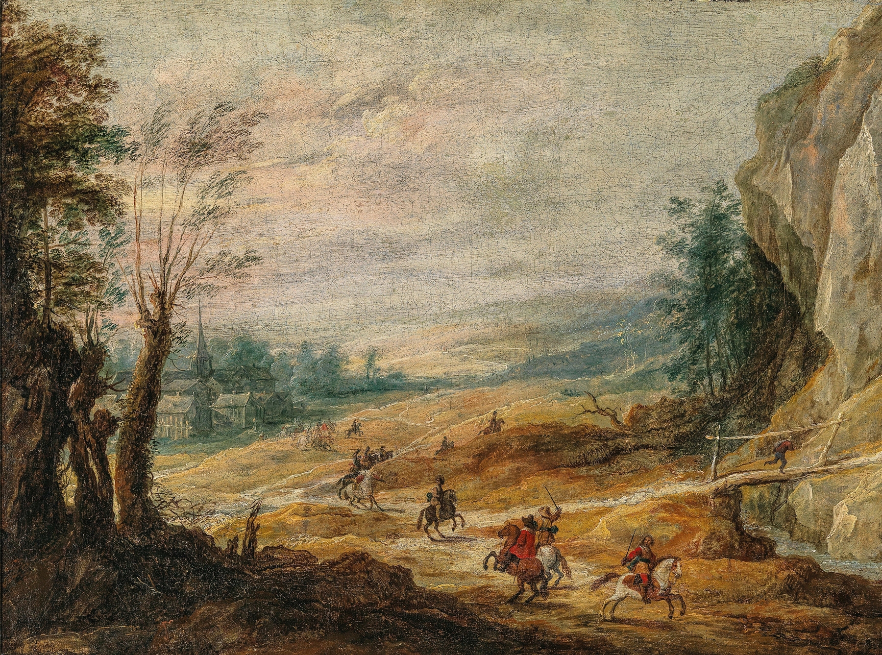 An extensive mountainous landscape with horsemen chasing a thief, by Joos de Momper, public domain