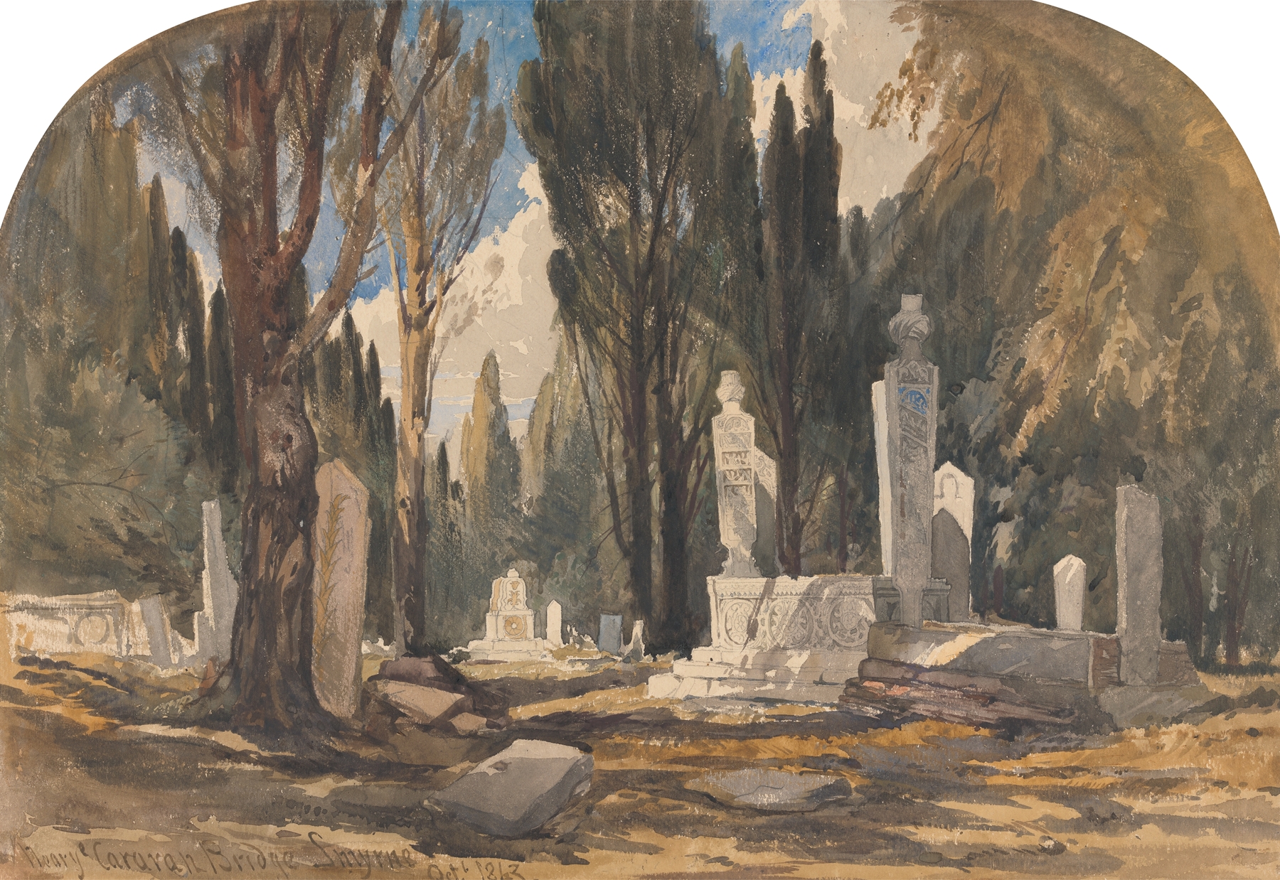 Oil on canvas by William James Müller depicting a caravan bridge over a river.