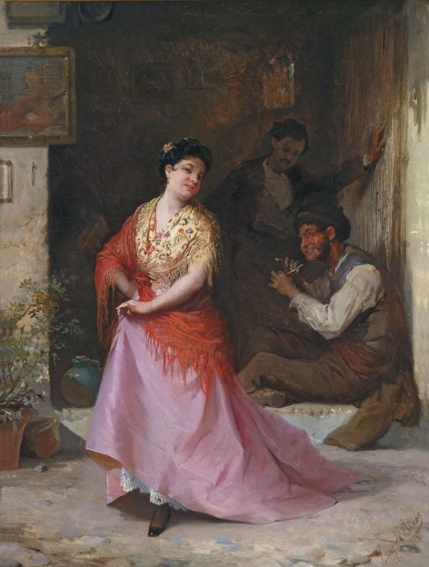 A lively dance scene depicting figures in traditional attire.
