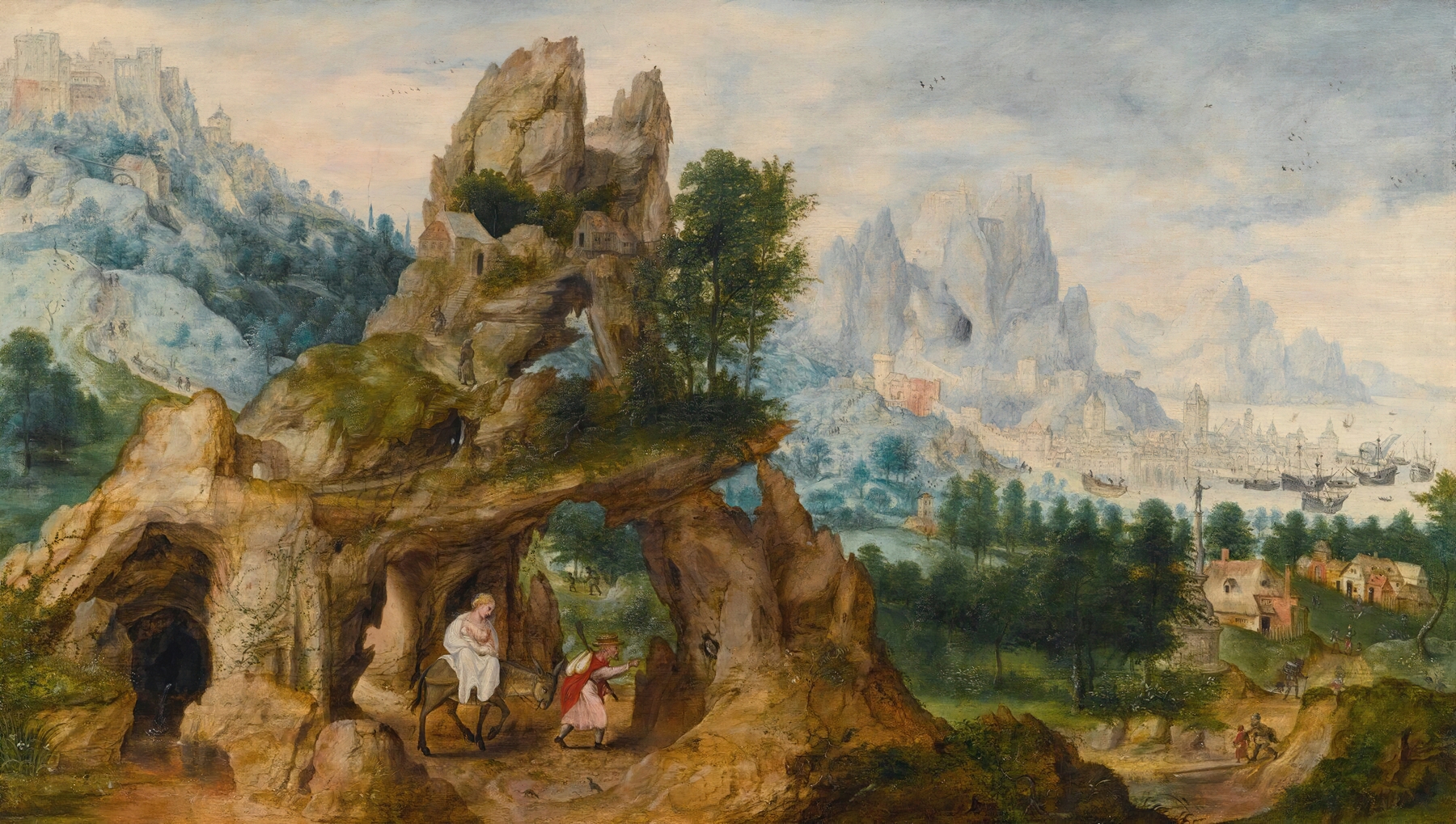 An Extensive Rocky Landscape With The Flight Into Egypt by Herri met de Bles, oil painting of a family navigating rocky terrain.