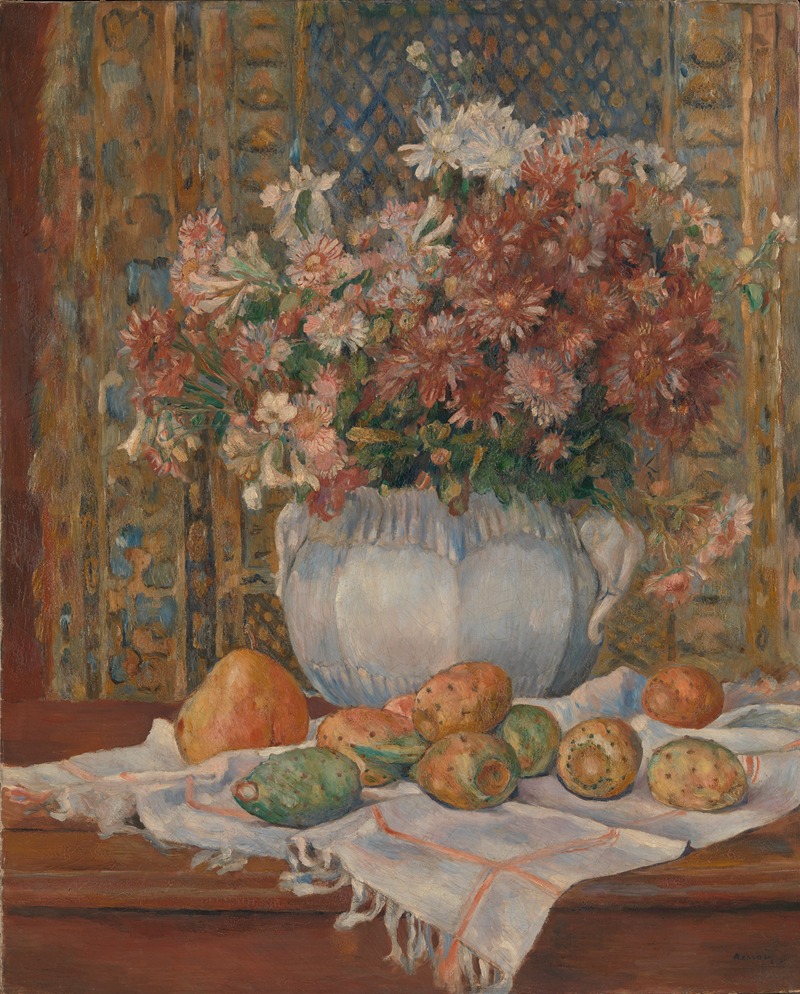 A vibrant still life painting featuring flowers and prickly pears.