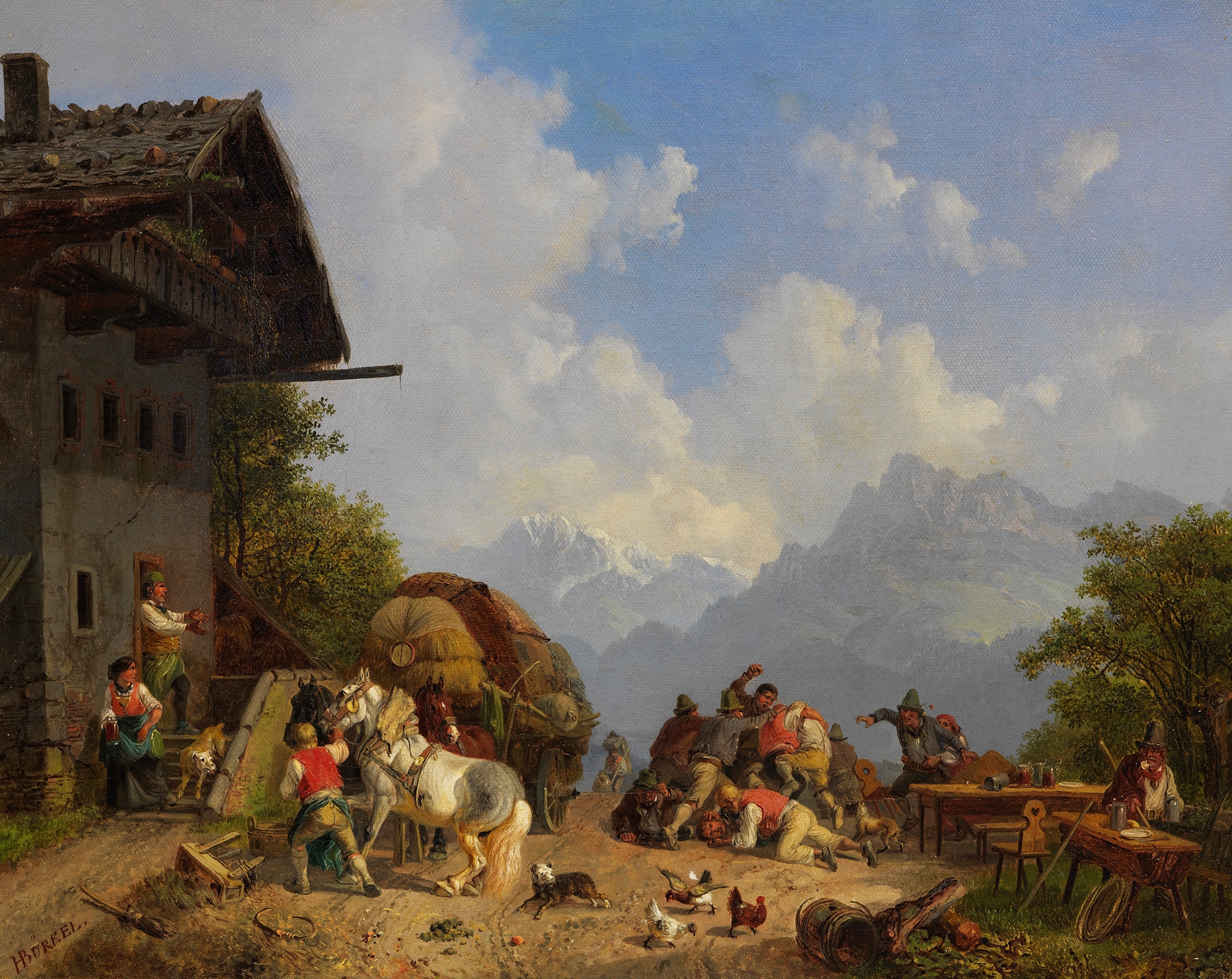 Rauferei vor dem Wirtshaus by Heinrich Bürkel, oil painting depicting two men in conflict outside a tavern.