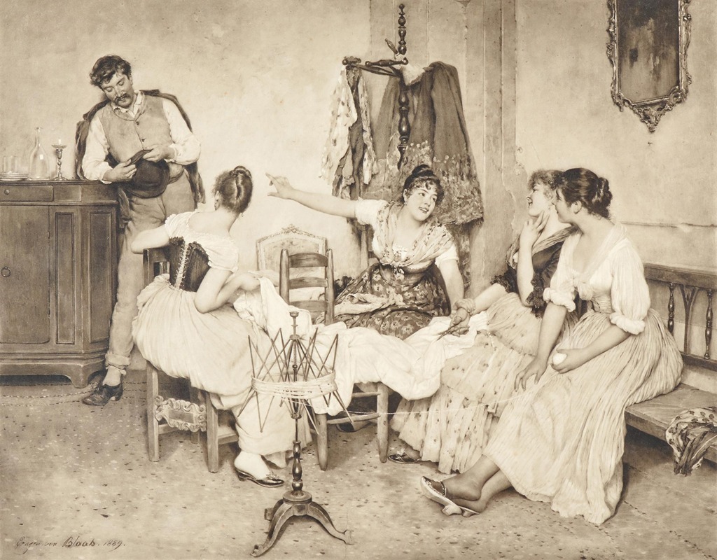 A charming depiction of Venetian girls with a gondolier.