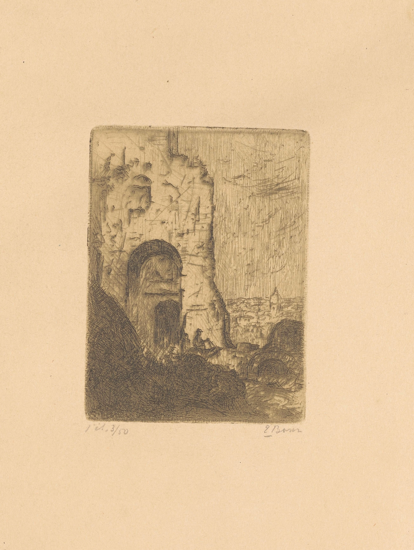 Landscape of Le Palatin Rome by Etienne Bosch, oil on canvas featuring earthy tones and ancient ruins.
