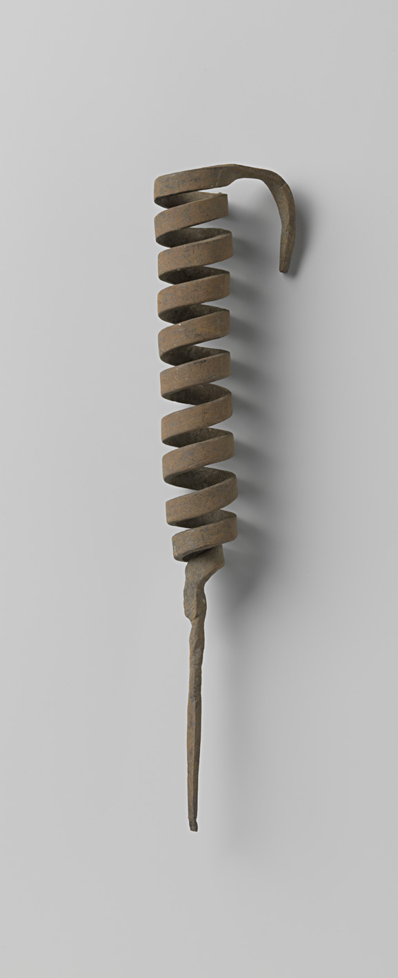 Bronze spiral candlestick by Unknown Artist, showcasing intricate details and shadows.