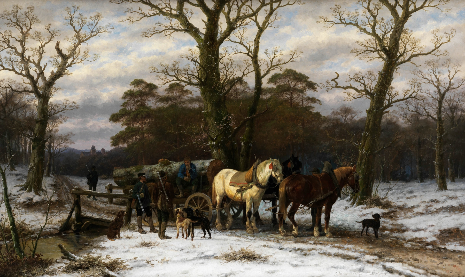 Die Holzhändler by Caesar Bimmermann, realism, depicting wood merchants in a timber market.