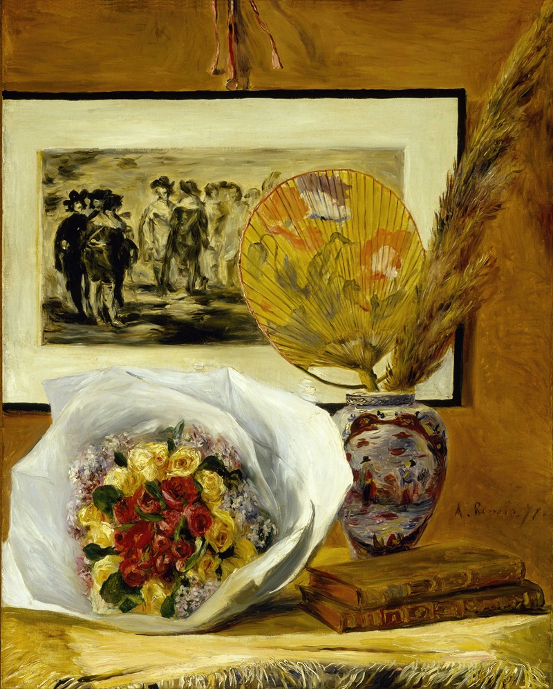 A vibrant still life painting featuring a bouquet of flowers.