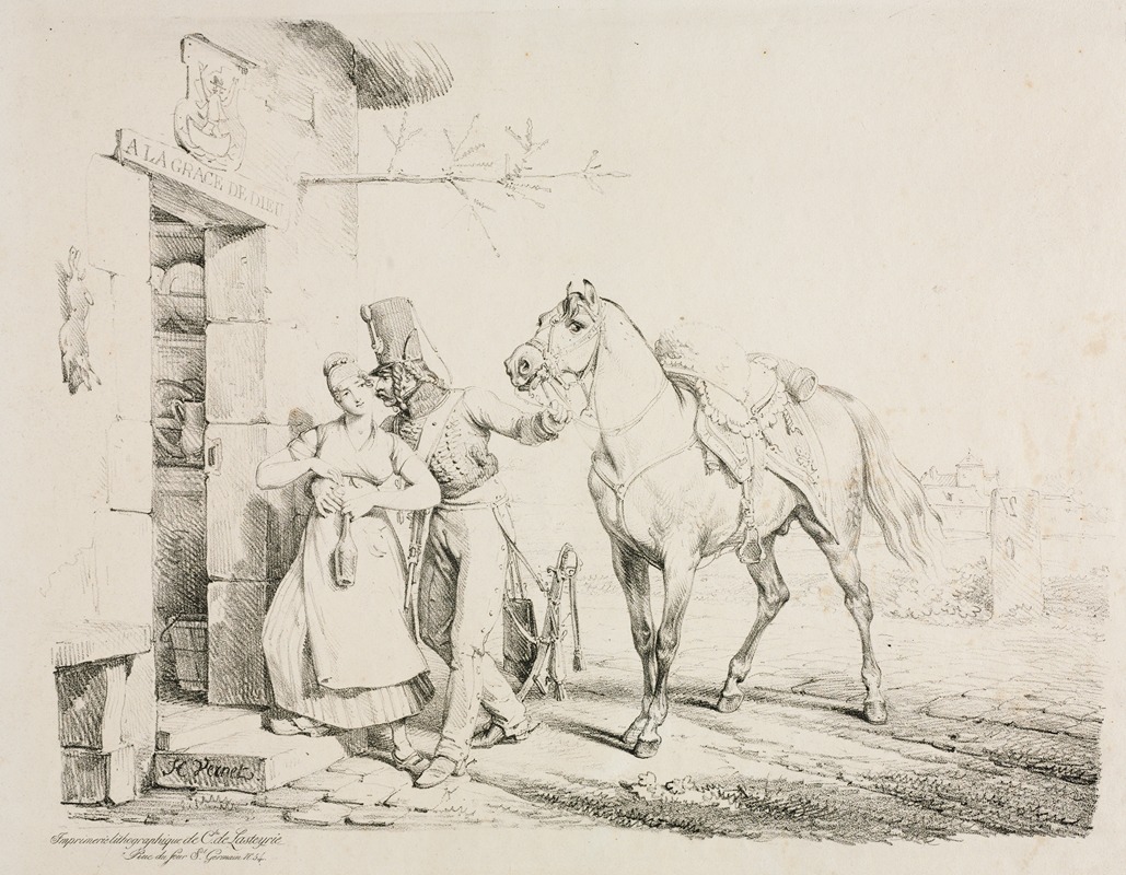 A hussar embraces a servant at a cabaret, showcasing a lively moment.